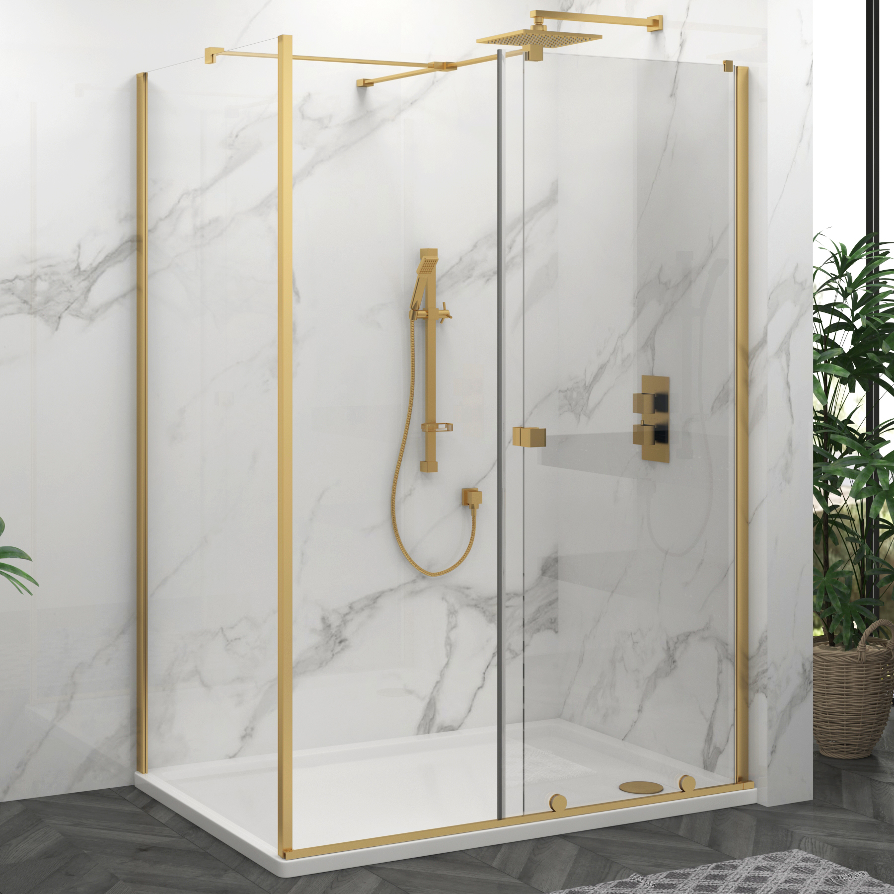Luton 1000 x 800mm Wet Room Sliding Shower Screen Enclosure with Tray 8mm Easy Clean Glass, 1950mm Tall - Brushed Brass