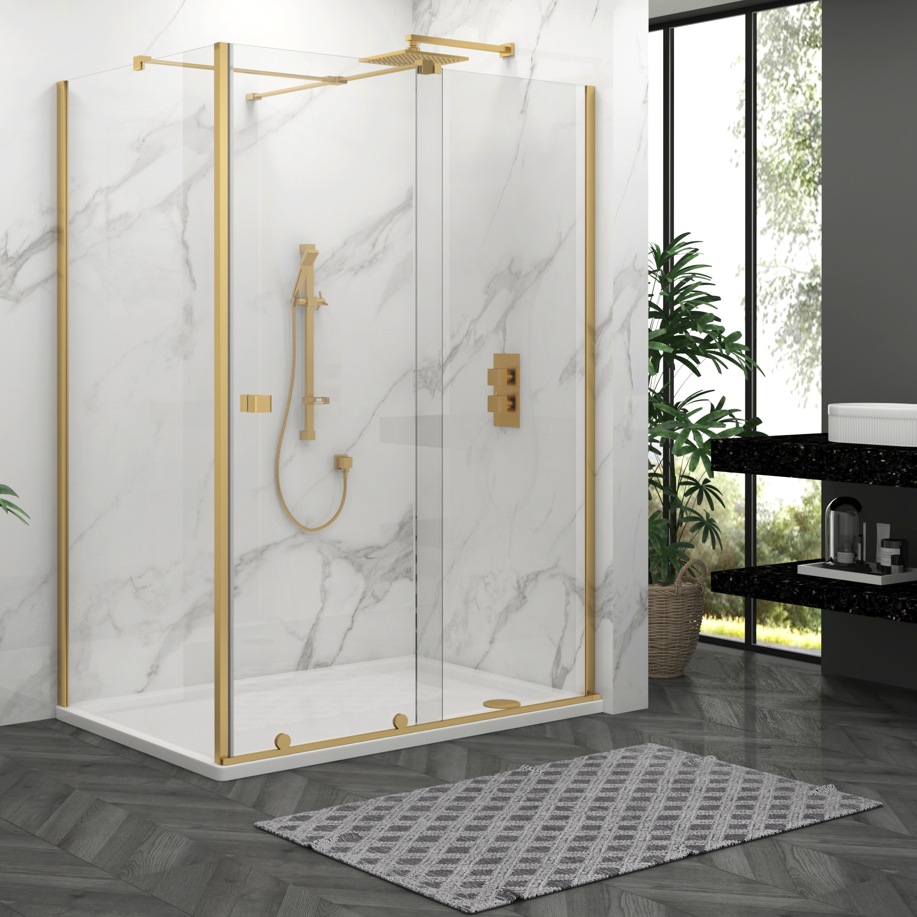Luton 1000 x 800mm Wet Room Sliding Shower Screen Enclosure with Tray 8mm Easy Clean Glass, 1950mm Tall - Brushed Brass