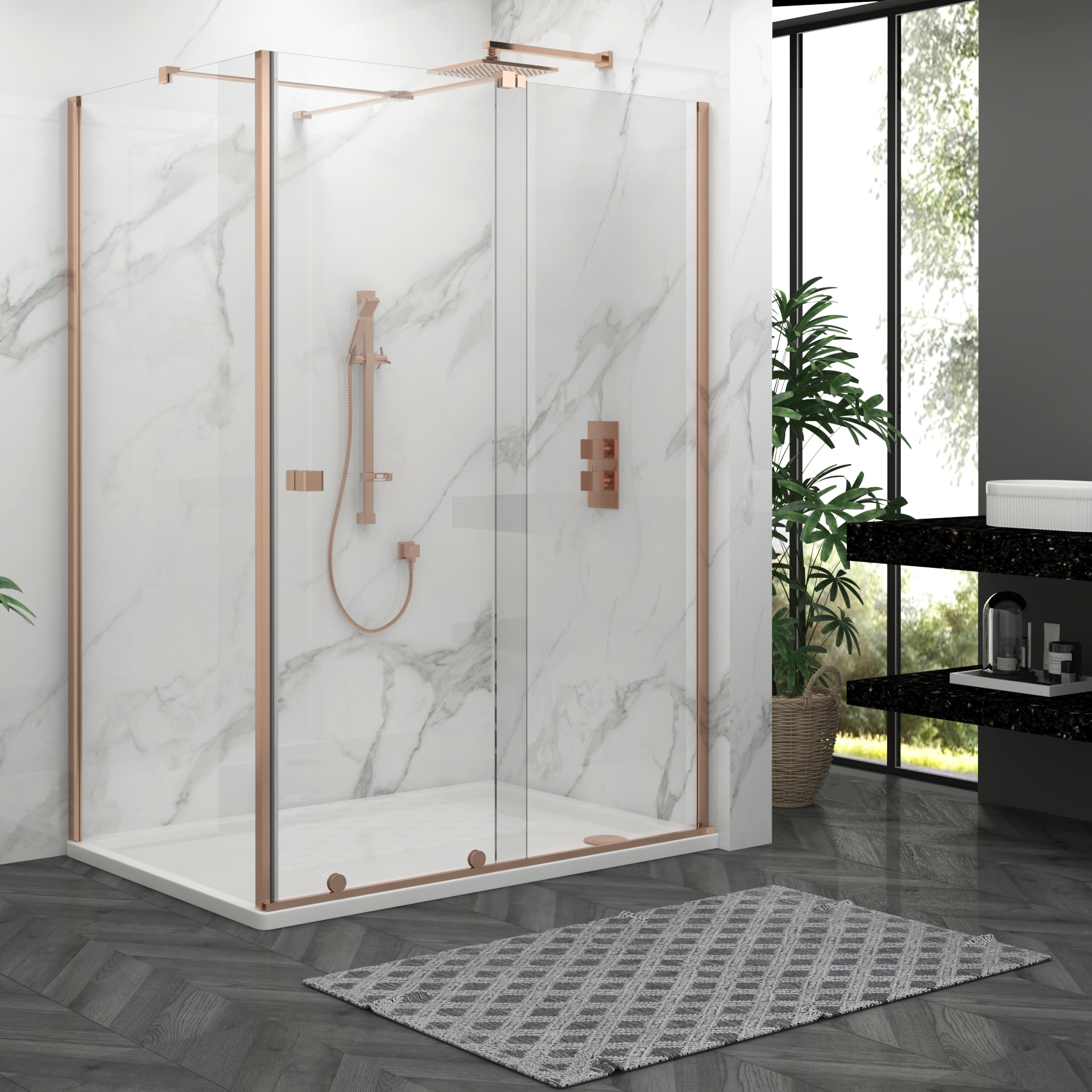 Luton Wet Room Sliding Shower Screen Door with Side Panel 8mm Easy Clean Glass, 1950mm Tall - Brushed Bronze