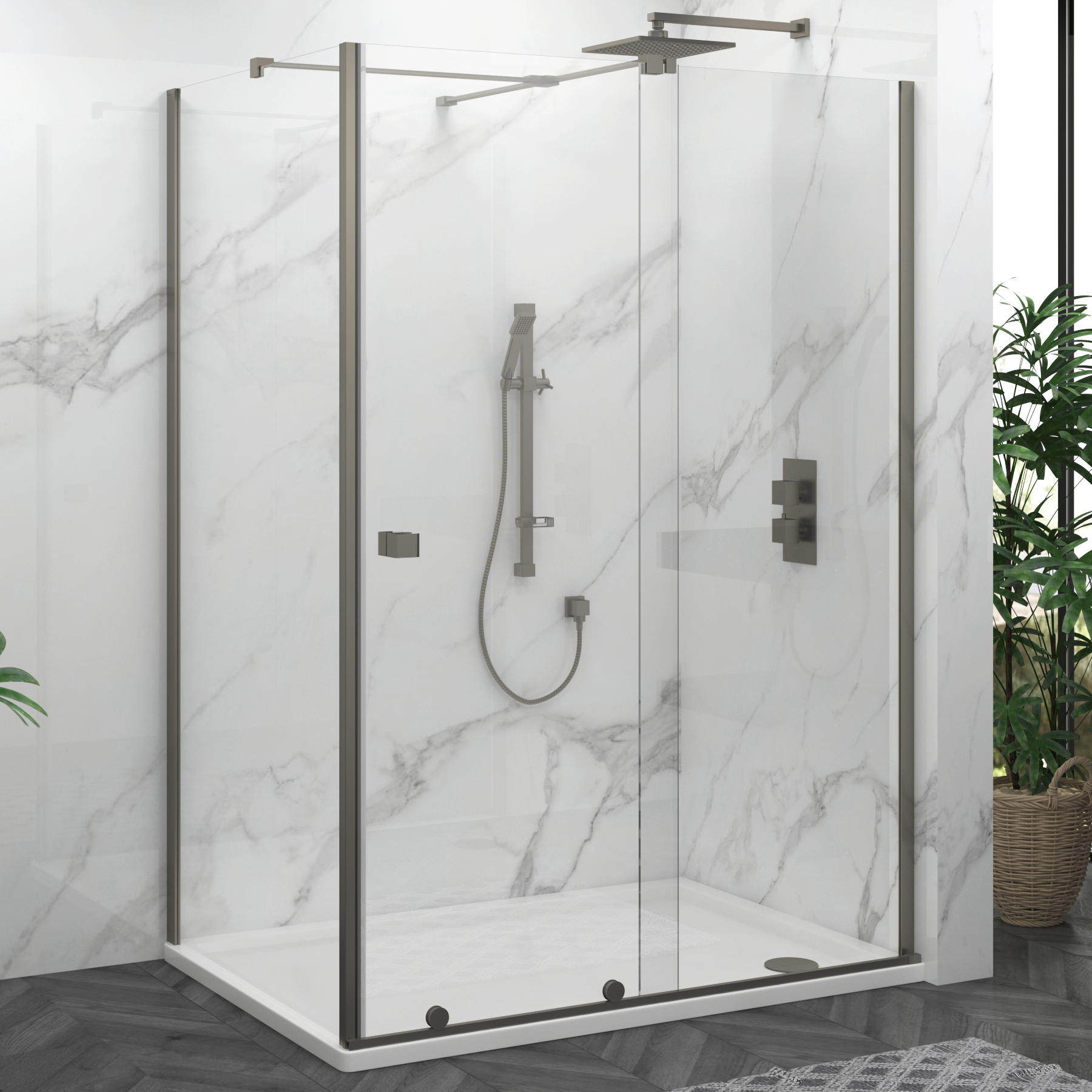 Luton 1100 x 700mm Wet Room Sliding Shower Screen Door with Side Panel 8mm Easy Clean Glass, 1950mm Tall - Gun Metal Grey