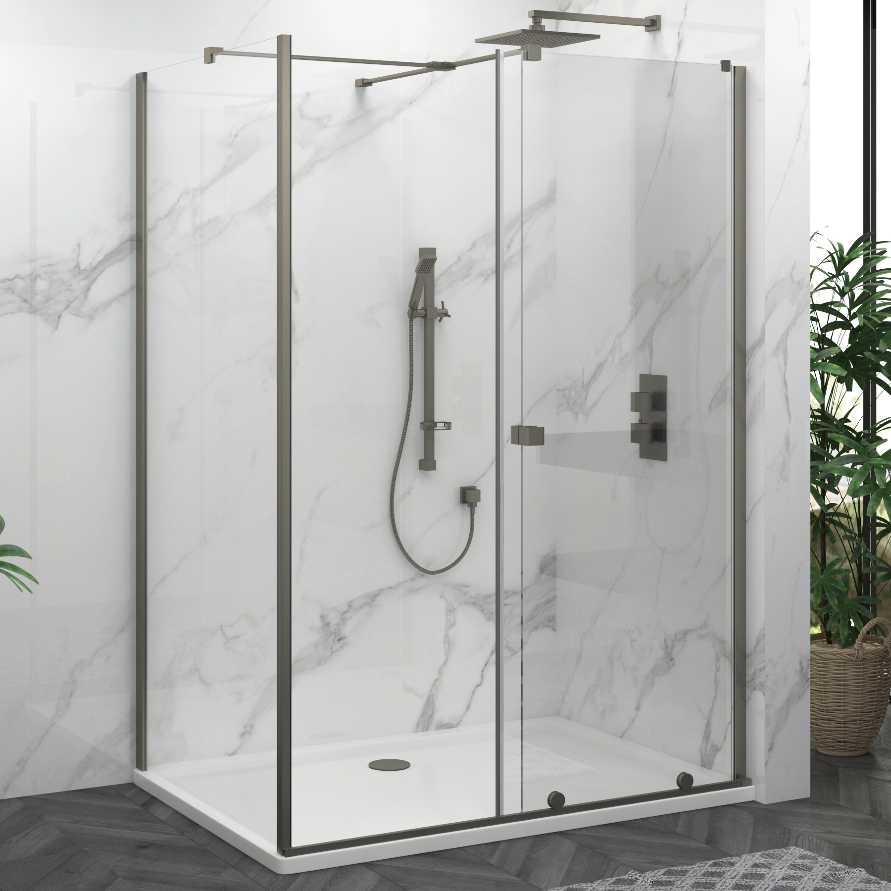 Luton Wet Room Sliding Shower Screen Enclosure with Tray 8mm Easy Clean Glass, 1950mm Tall - Gun Metal Grey