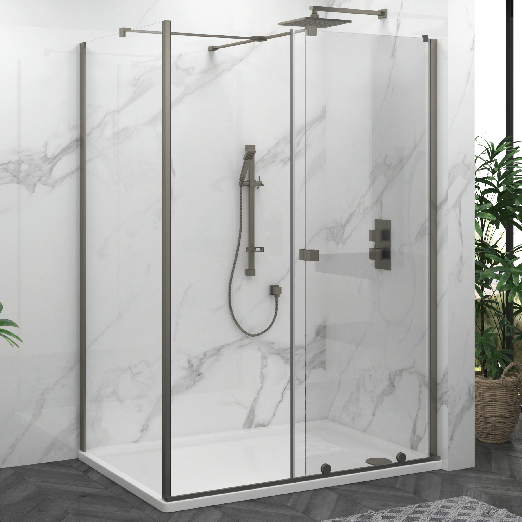 Luton Wet Room Sliding Shower Screen Door with Side Panel 8mm Easy Clean Glass, 1950mm Tall - Gun Metal Grey