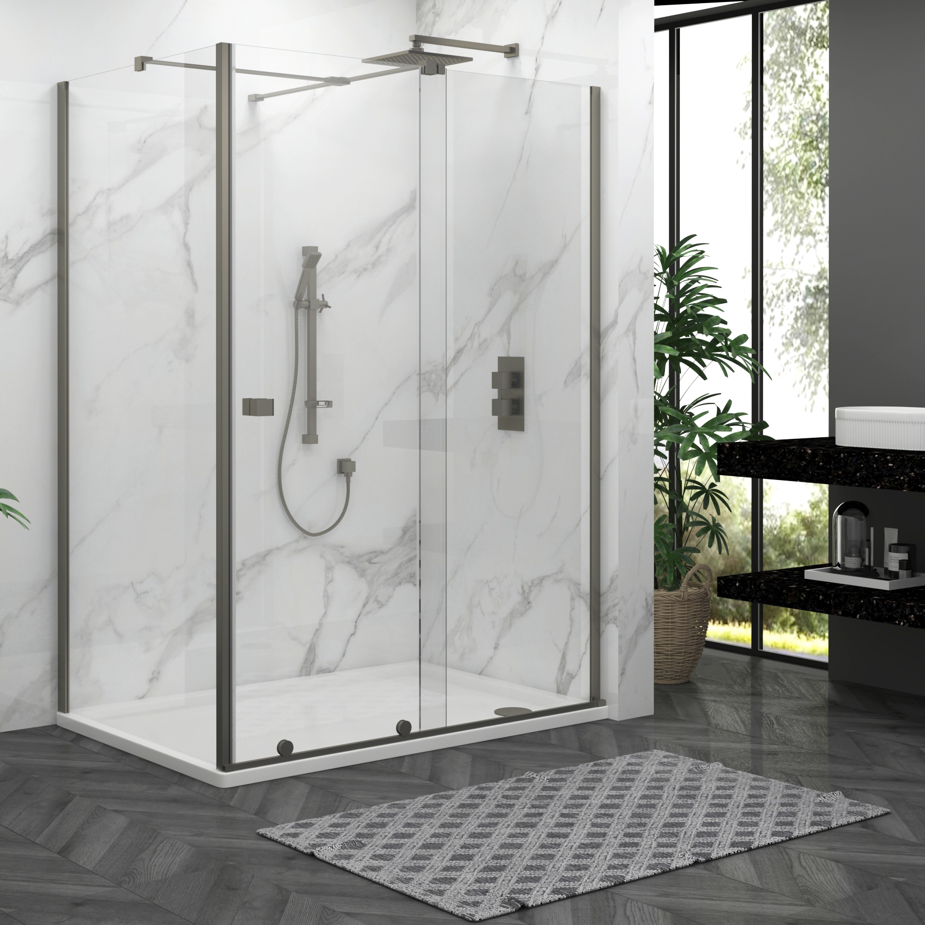 Luton Wet Room Sliding Shower Screen Door with Side Panel 8mm Easy Clean Glass, 1950mm Tall - Gun Metal Grey