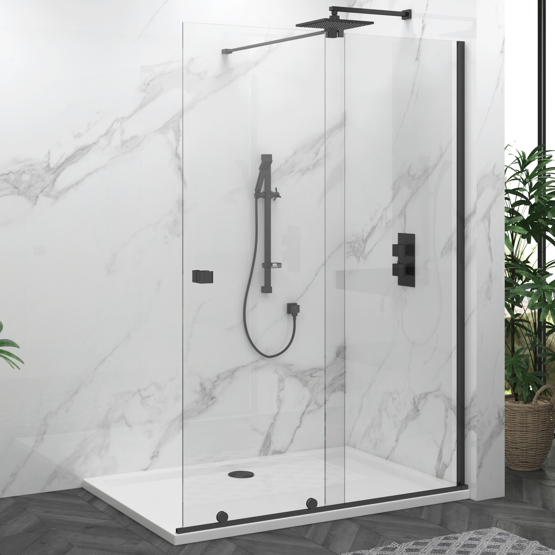 Luton Wet Room Sliding Shower Screen 8mm Easy Clean Glass, 1950mm Tall - Matt Black