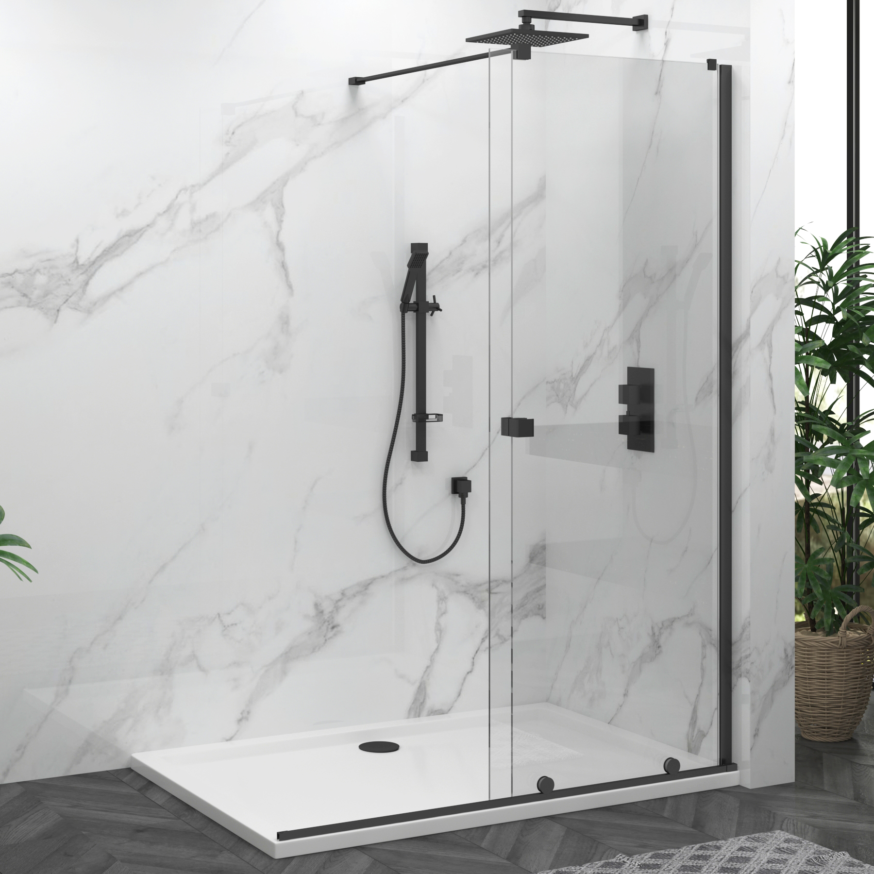 Luton Wet Room Sliding Shower Screen 8mm Easy Clean Glass, 1950mm Tall - Matt Black