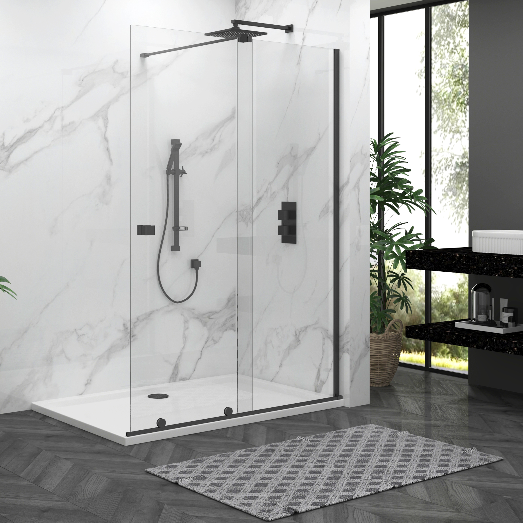 Luton Wet Room Sliding Shower Screen 8mm Easy Clean Glass, 1950mm Tall - Matt Black