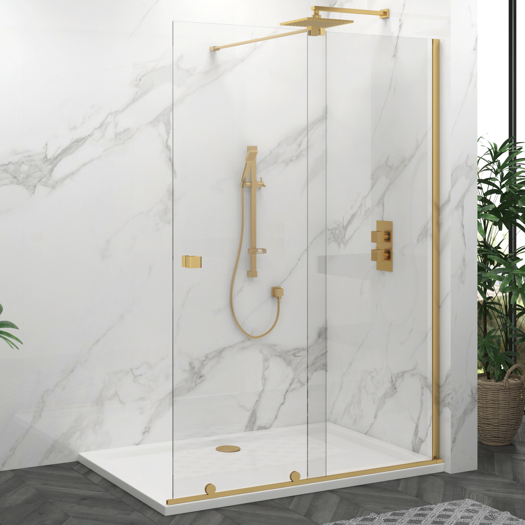 Luton Wet Room Sliding Shower Screen 8mm Easy Clean Glass, 1950mm Tall - Brushed Brass