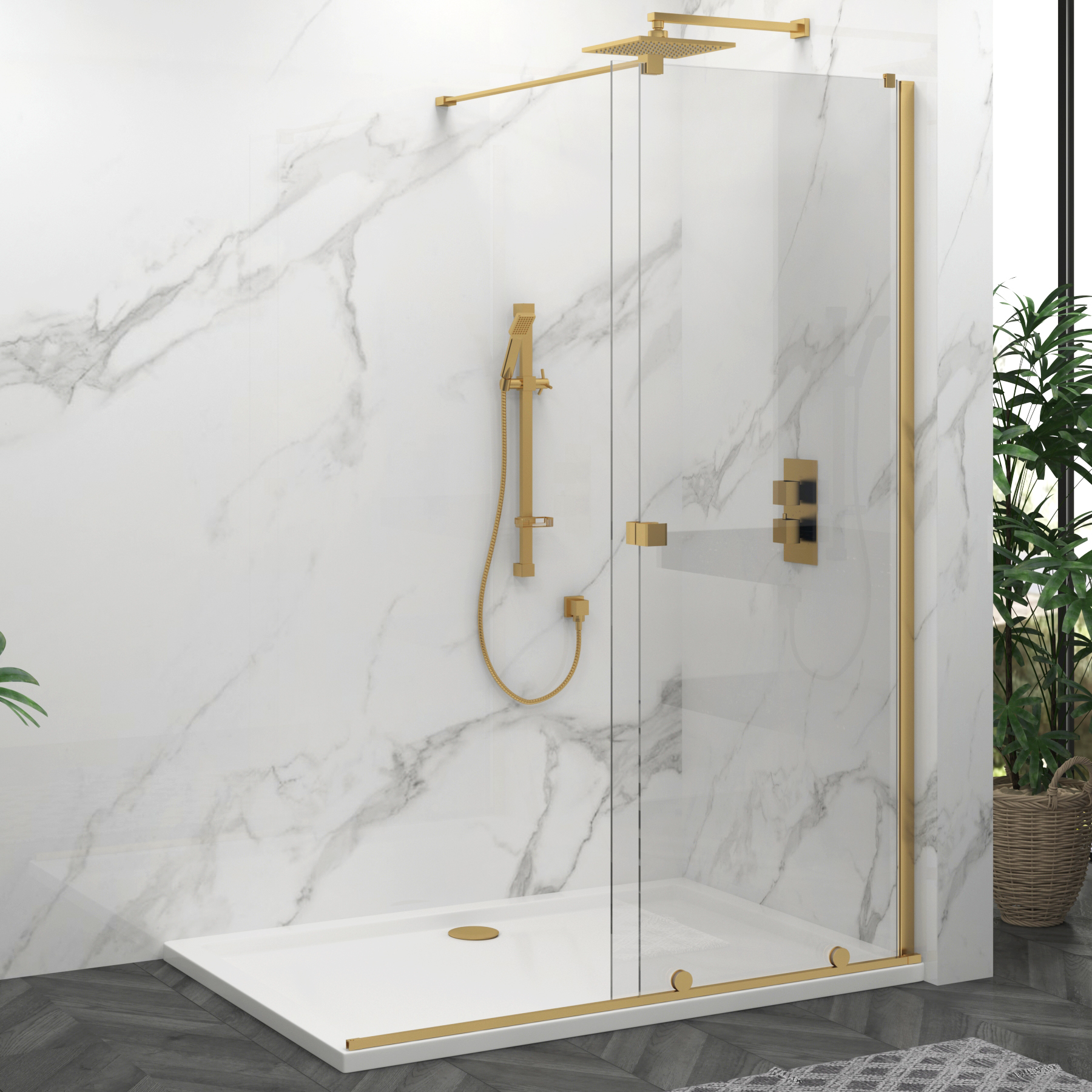 Luton Wet Room Sliding Shower Screen 8mm Easy Clean Glass, 1950mm Tall - Brushed Brass