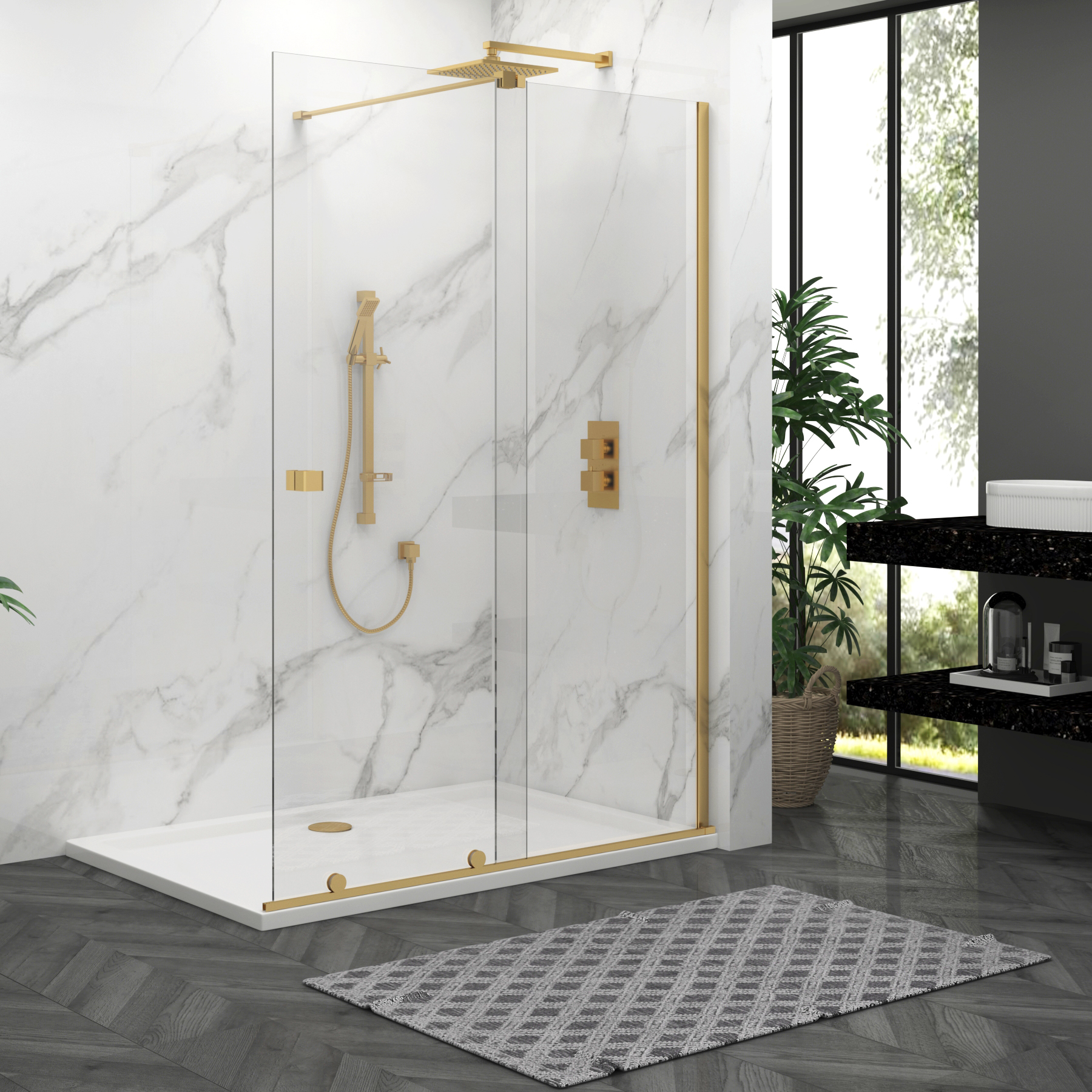 Luton Wet Room Sliding Shower Screen 8mm Easy Clean Glass, 1950mm Tall - Brushed Brass