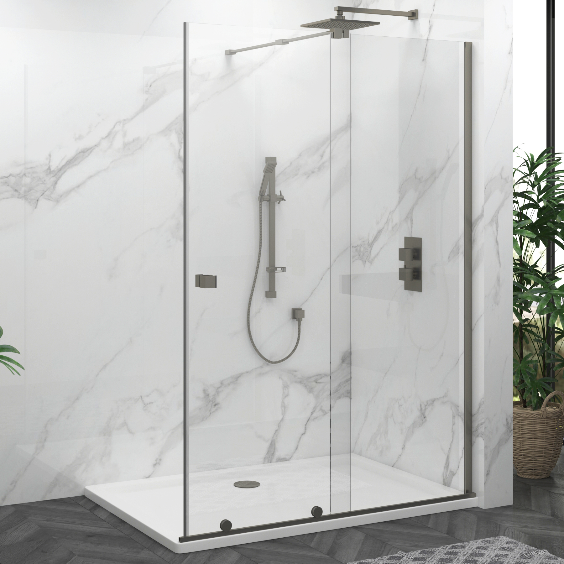 Luton Wet Room Sliding Shower Screen 8mm Easy Clean Glass, 1950mm Tall - Gun Metal Grey