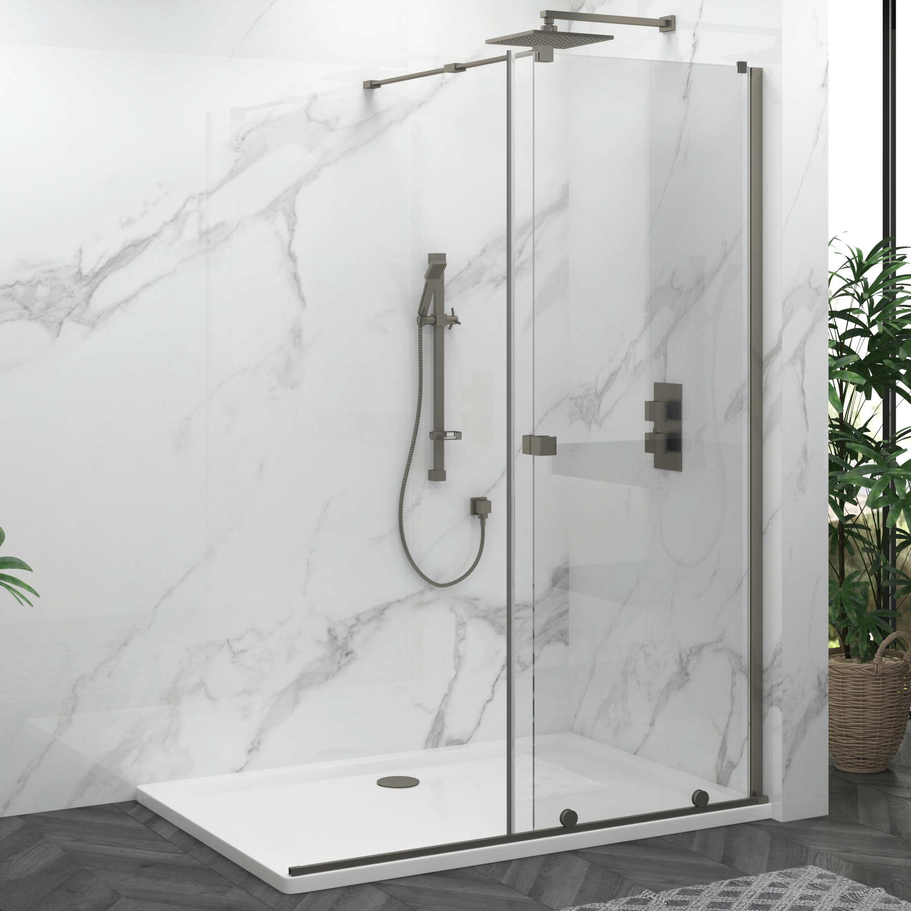 Luton Wet Room Sliding Shower Screen 8mm Easy Clean Glass, 1950mm Tall - Gun Metal Grey