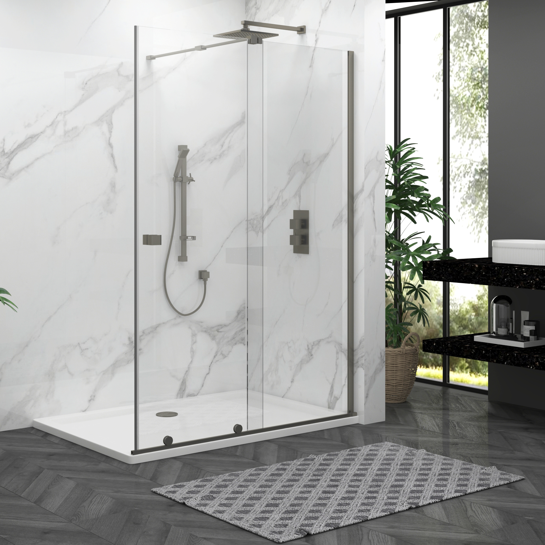Luton Wet Room Sliding Shower Screen 8mm Easy Clean Glass, 1950mm Tall - Gun Metal Grey