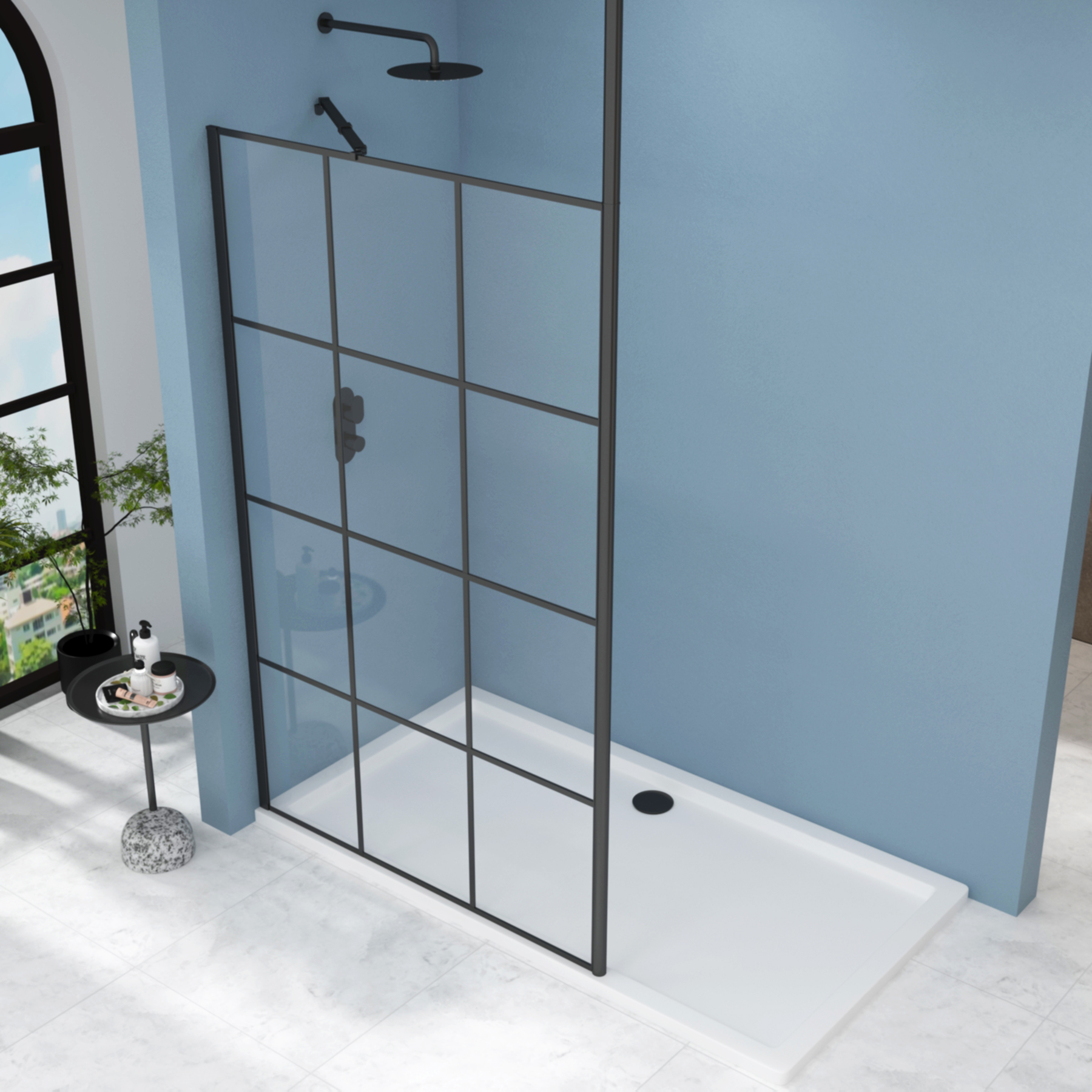 Milan Wet Room Shower Screen Matt Black Grid + Ceiling Post - 8mm Easy ...