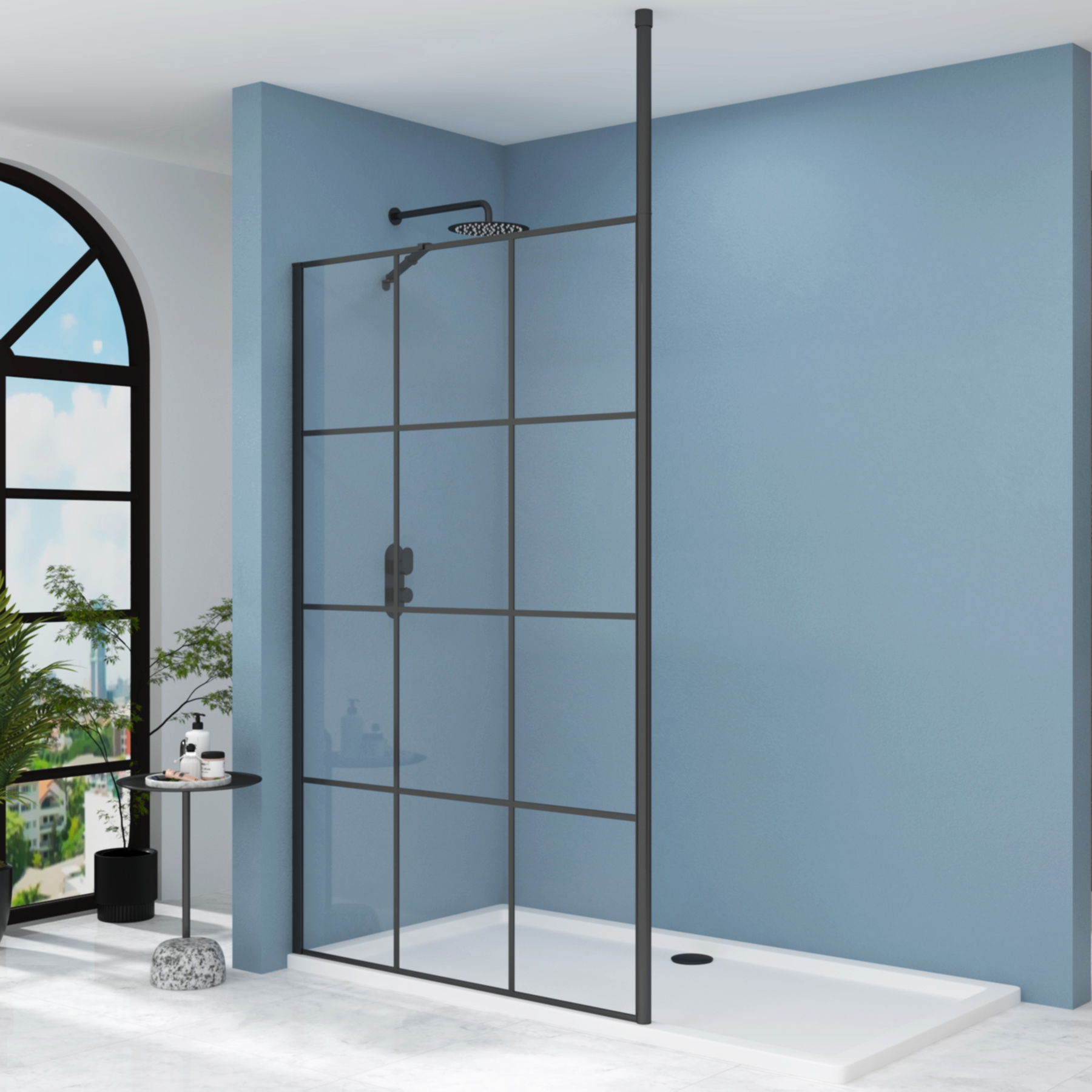 Milan Wet Room Shower Screen Matt Black Grid + Ceiling Post - 8mm Easy ...