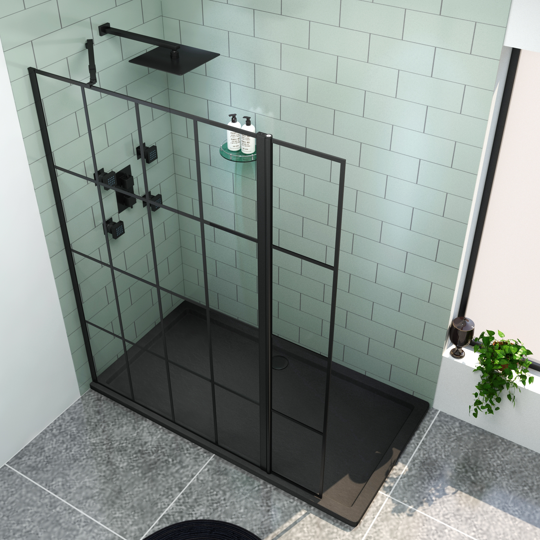 Milan 900mm Wet Room Shower Screen Matt Black Grid with Flipper Panel