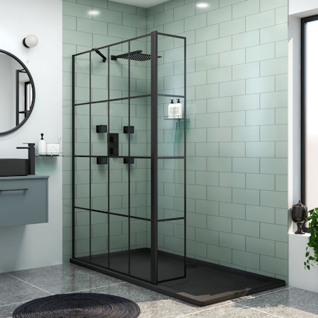 Milan 700mm Wet Room Shower Screen Matt Black Grid with Flipper Panel - 8mm Easy Clean