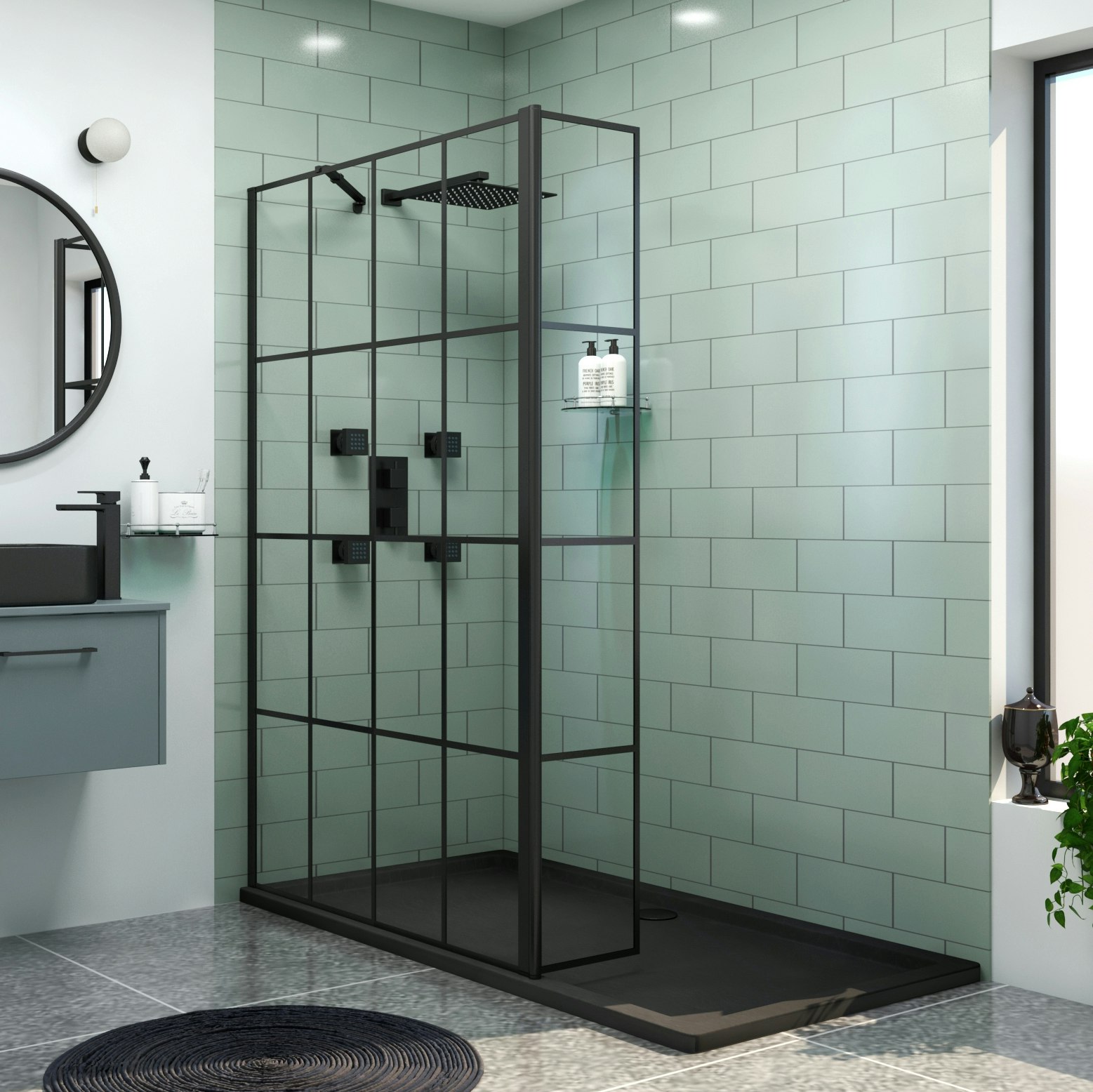 Milan Wet Room Shower Screen Matt Black Grid with Flipper Panel 8mm Easy Clean Royal Bathrooms Milan Wet Room Shower Screen Matt Black Grid with Flipper Panel 8mm Easy Clean Royal Bathrooms