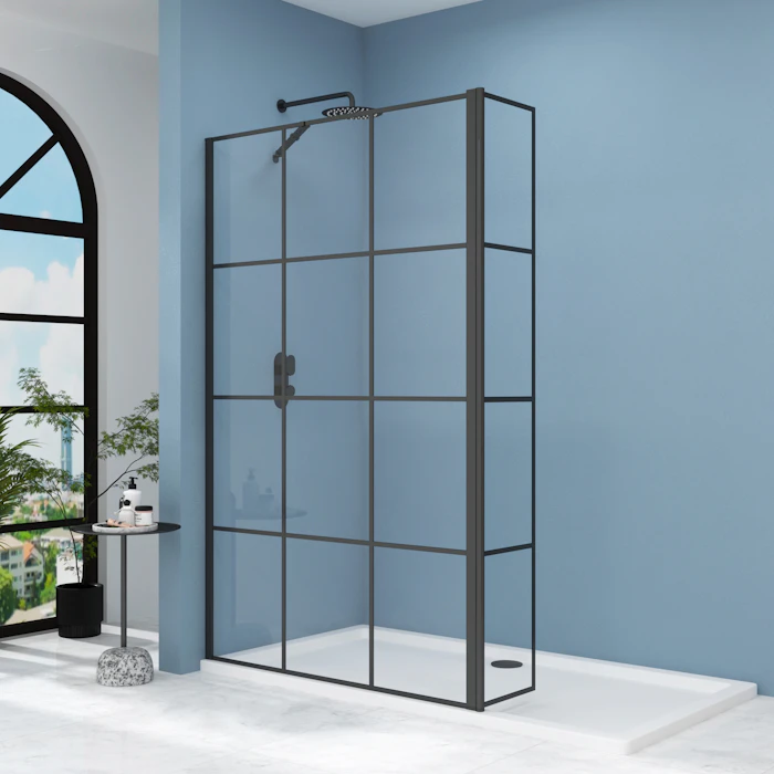 Milan Wet Room Shower Screen Matt Black Grid with Flipper Panel- 8mm Easy Clean