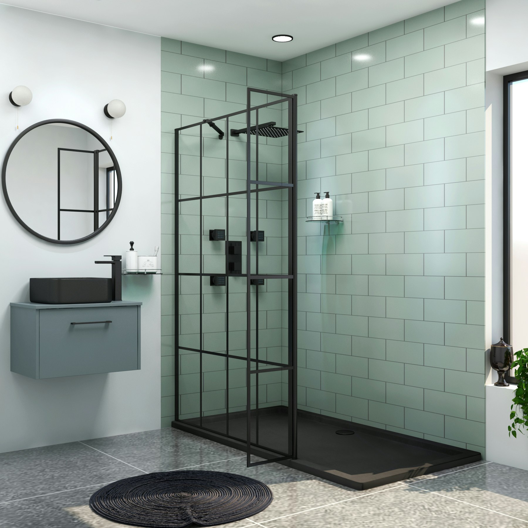 Milan Wet Room Shower Screen Matt Black Grid with Flipper Panel 8mm