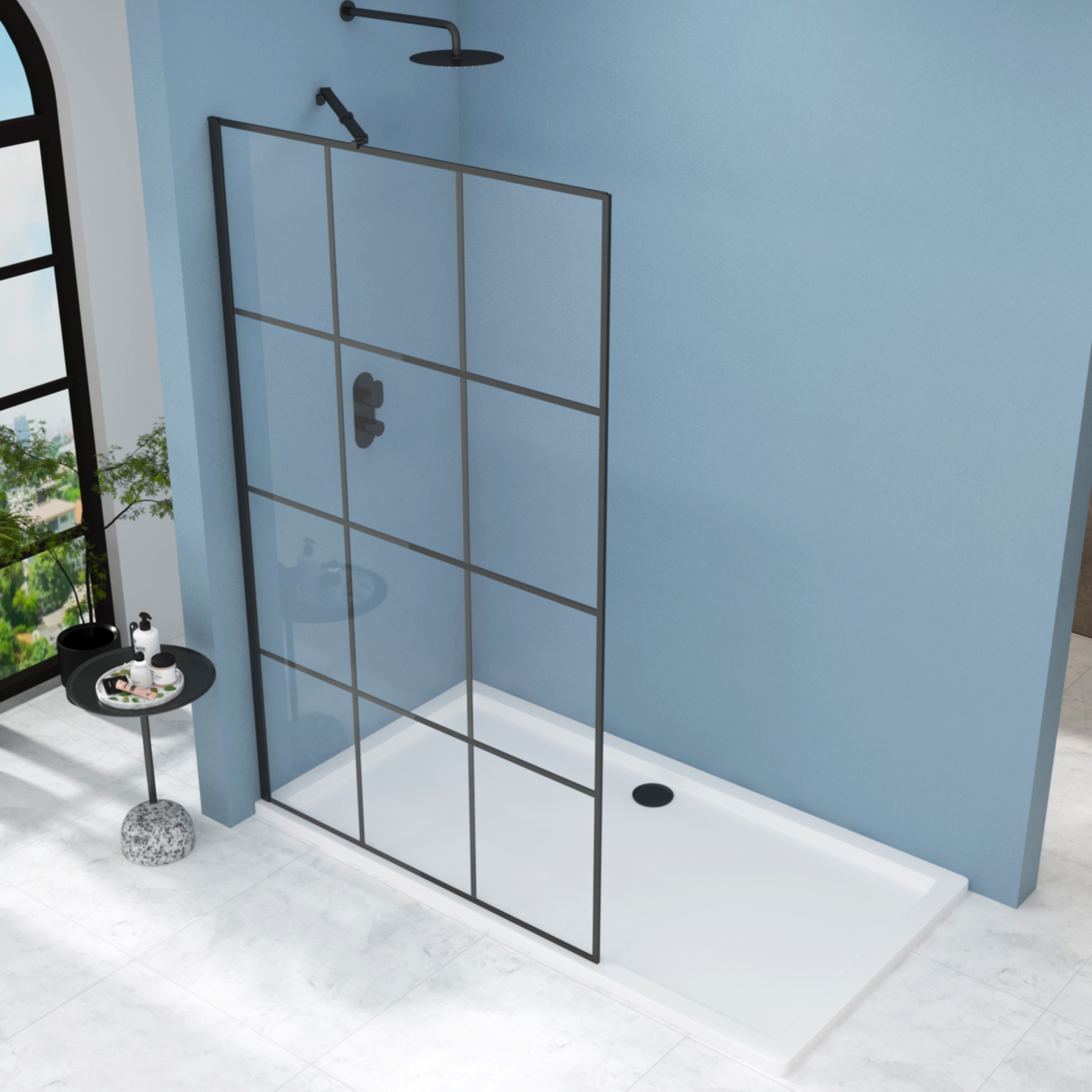Milan Wet Room Shower Screen Matt Black Grid - 8mm Easy Clean Glass