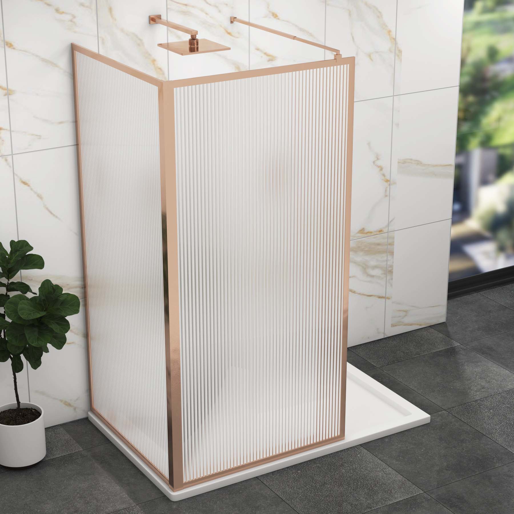 Luxor 2 Sided Walk In Fluted Shower Enclosure with Stone Tray & Brushed Bronze Frame 8mm Easy Clean Glass