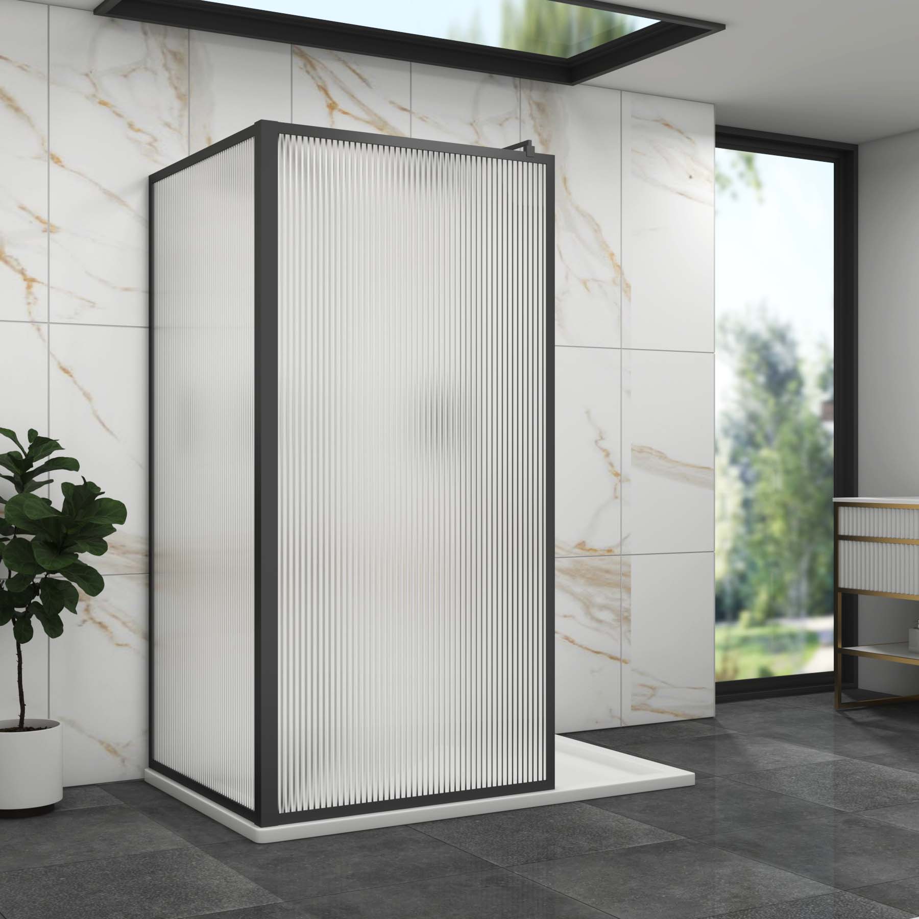 Luxor 2 Sided Walk In Fluted Shower Enclosure with 1700 x 900mm Tray & Matt Black Frame 8mm Easy Clean Glass