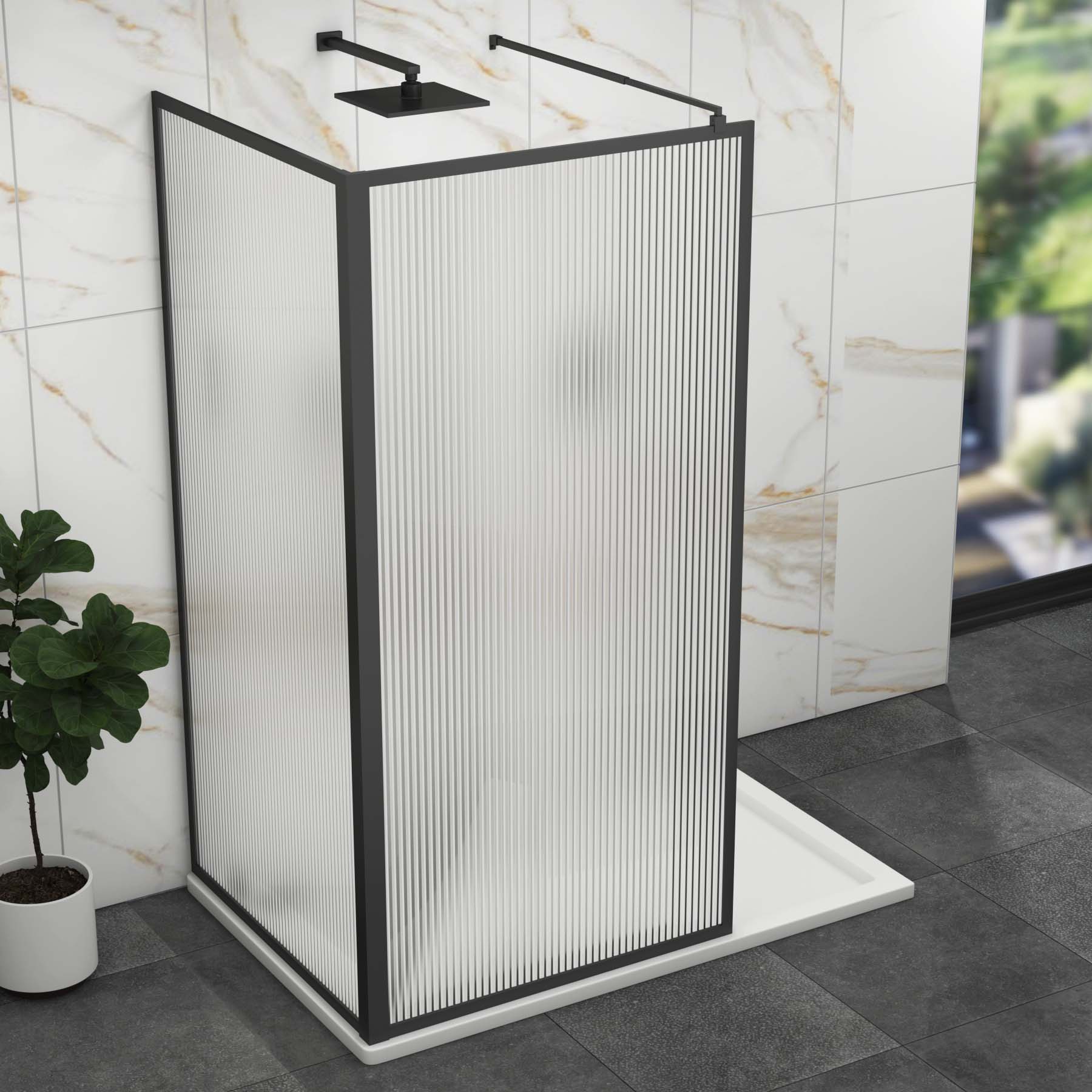 Luxor 2 Sided Walk In Fluted Shower Enclosure with 1700 x 900mm Tray & Matt Black Frame 8mm Easy Clean Glass