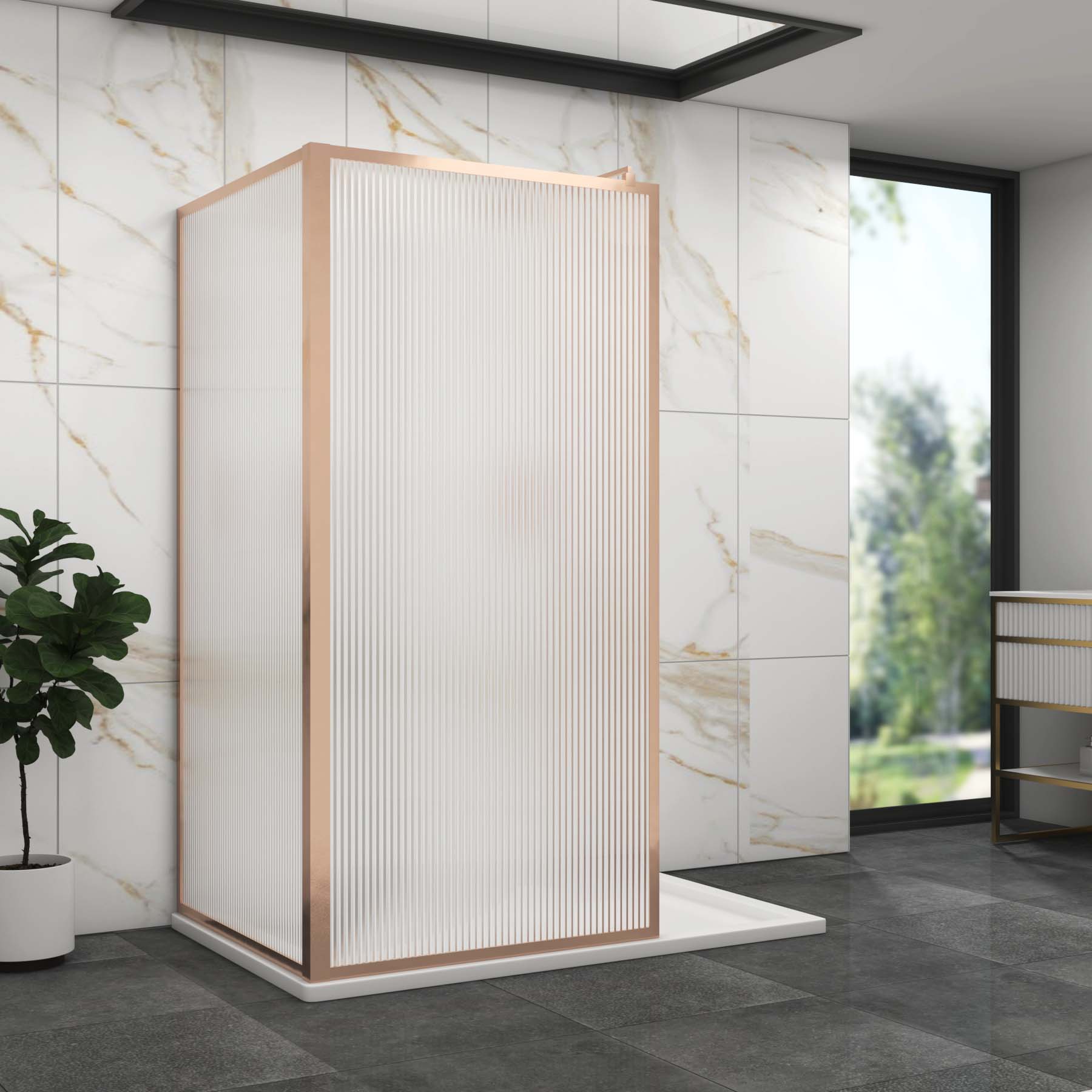Luxor 2 Sided Walk In Fluted Shower Enclosure with 1700 x 900mm Tray & Brushed Bronze Frame 8mm Easy Clean Glass