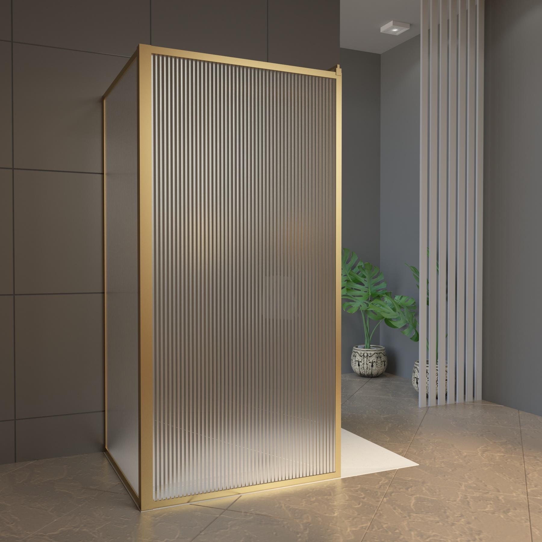 Luxor 2 Sided 1400 x 900mm Walk In Fluted Shower Enclosure with Tray & Brushed Brass Frame - 8mm Easy Clean Glass