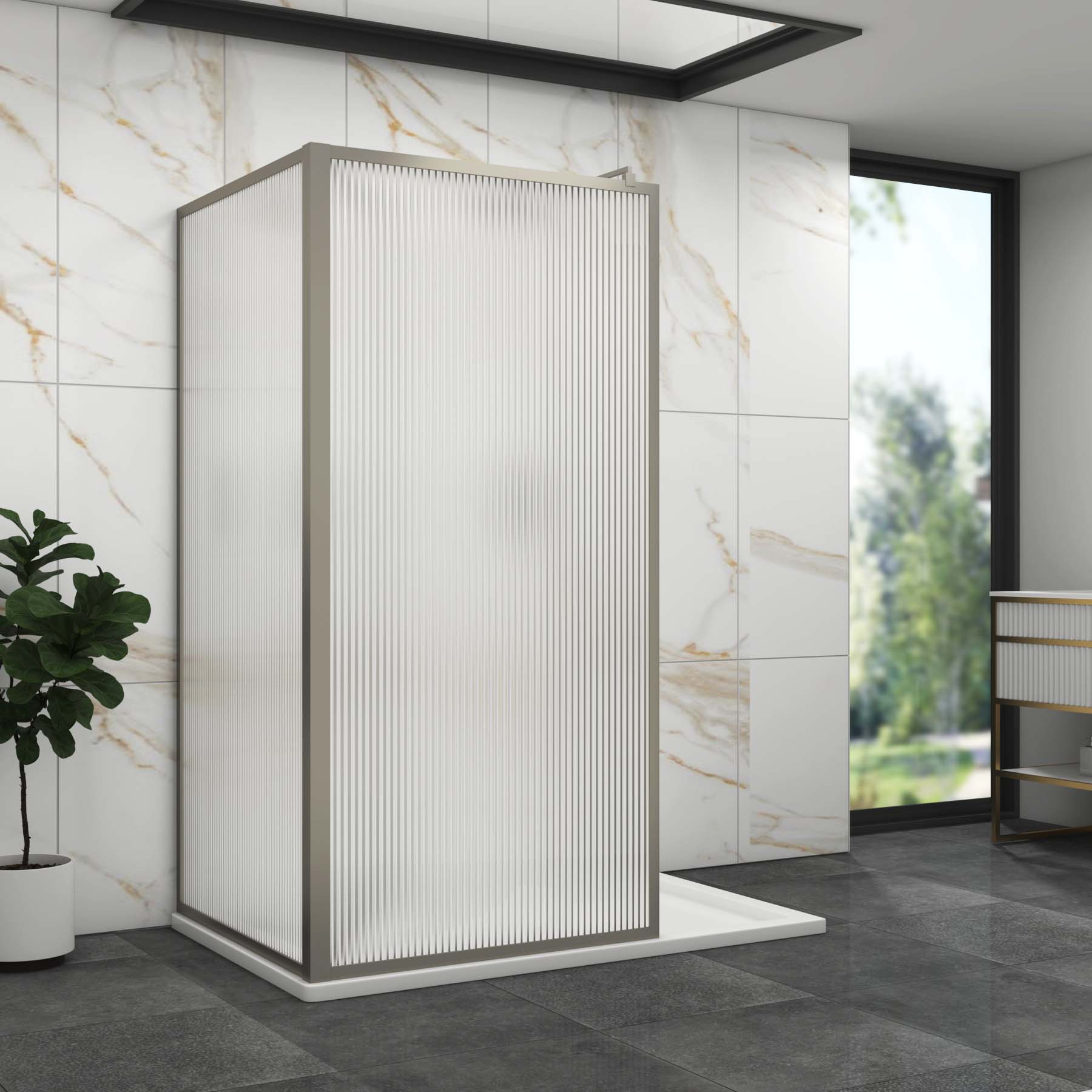Luxor 2 Sided Walk In Fluted Shower Enclosure with 1200 x 900mm Tray & Gun Metal Grey Frame 8mm Easy Clean Glass