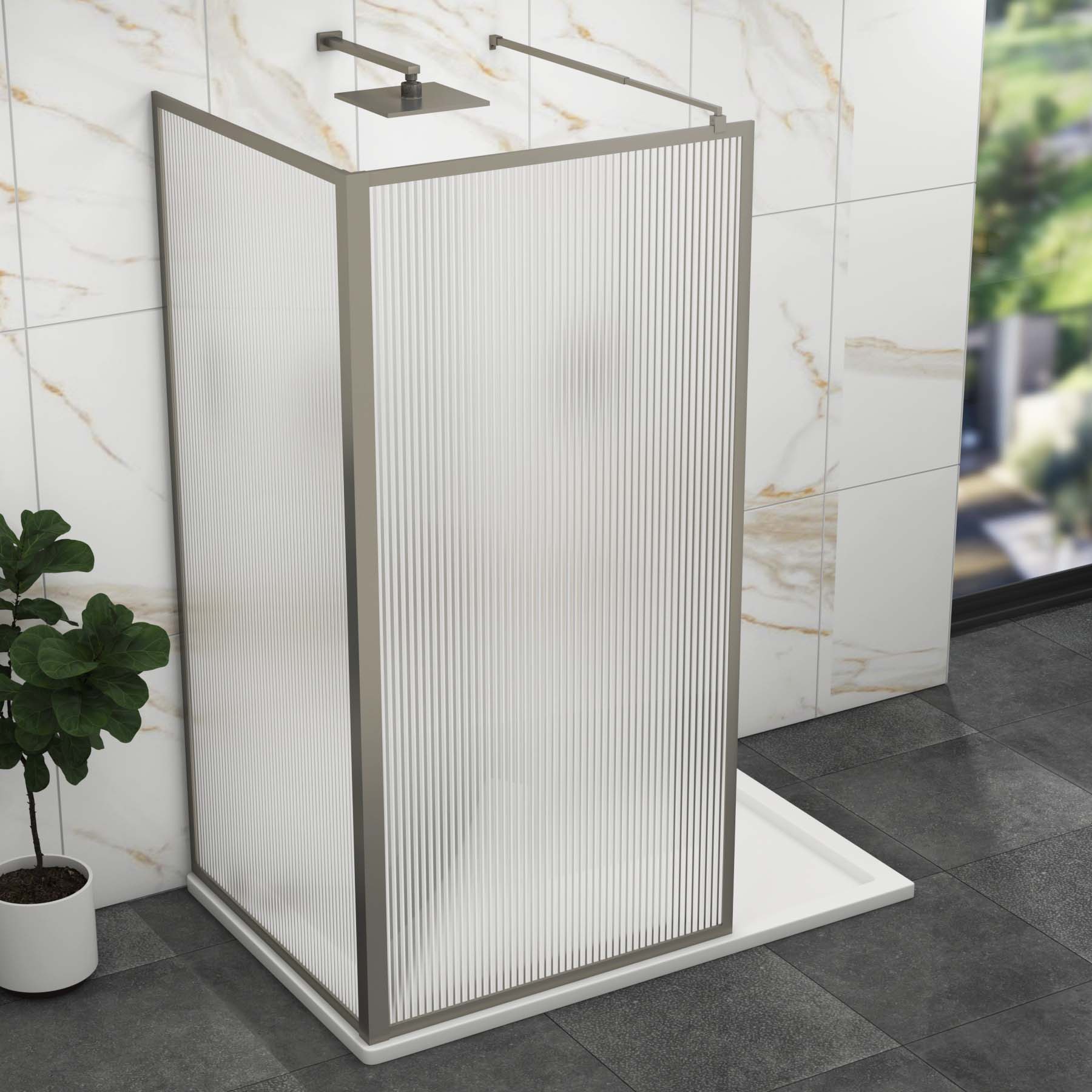 Luxor 2 Sided Walk In Fluted Shower Enclosure with 1200 x 900mm Tray & Gun Metal Grey Frame 8mm Easy Clean Glass
