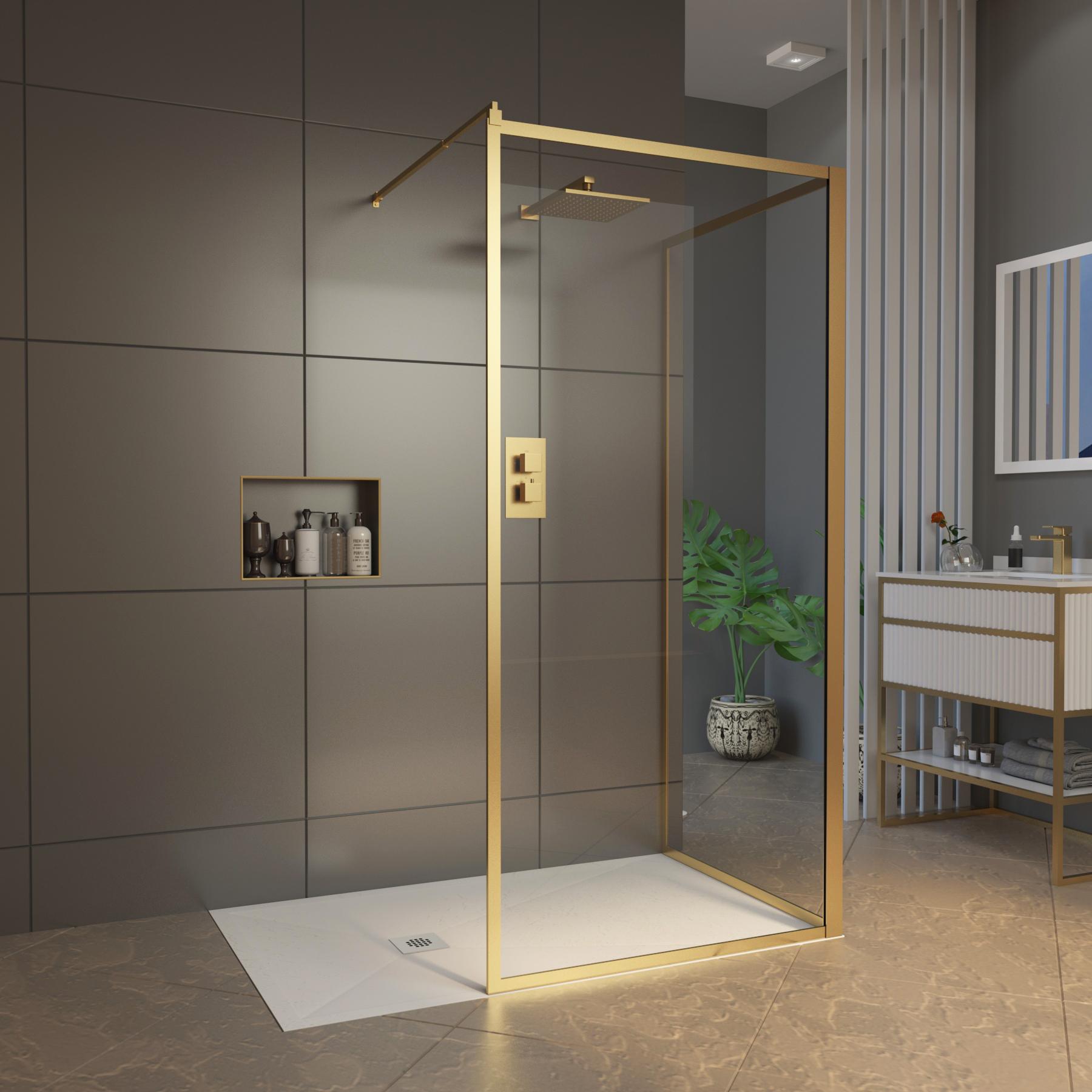 Luxor 2 Sided 1200 x 800mm Walk In Shower Enclosure with Tray & Brushed Brass Frame - 8mm Easy Clean Wet Room