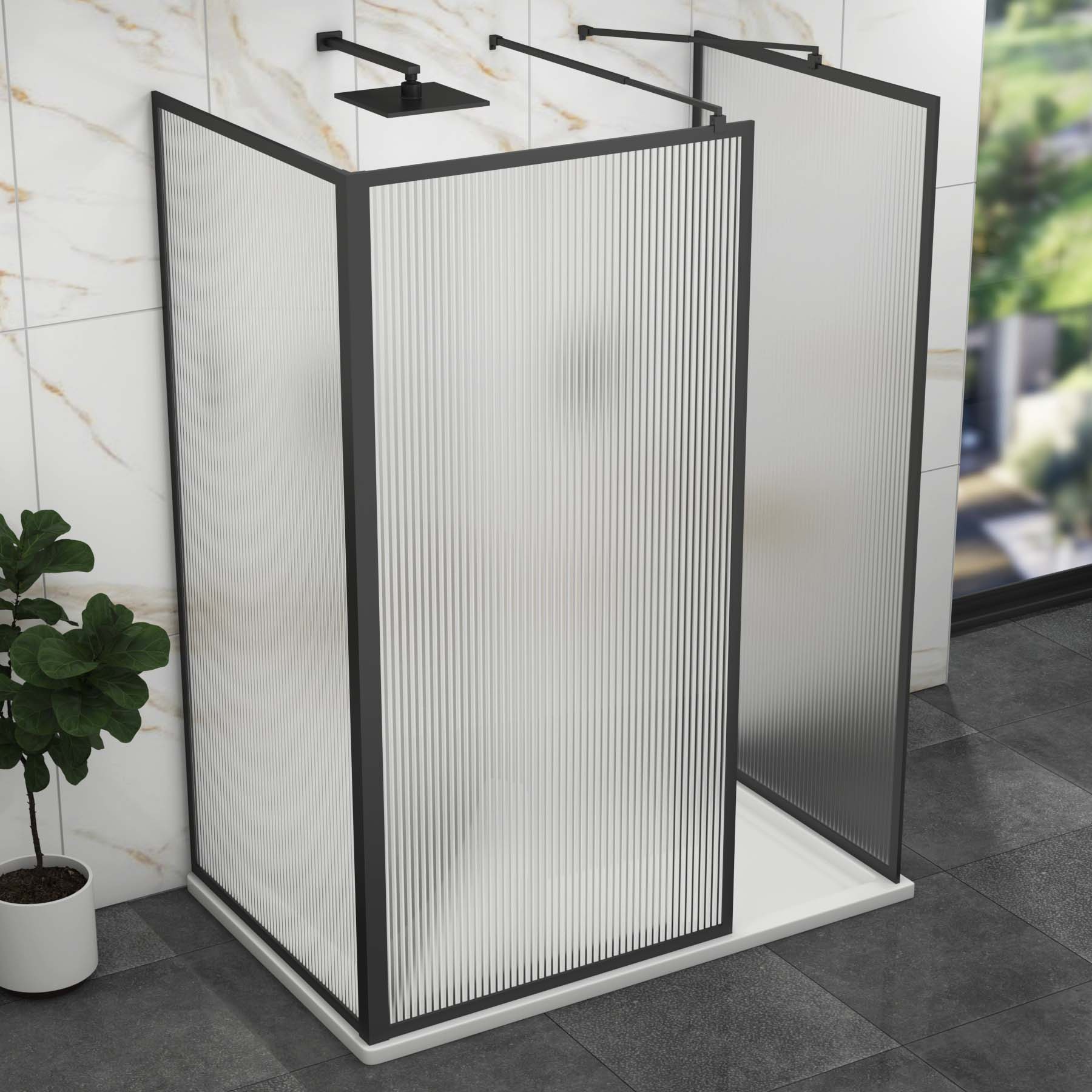 Luxor 3 Sided Walk In Fluted Shower Enclosure with 1200 x 900mm Tray & Matt Black Frame 8mm Easy Clean Glass