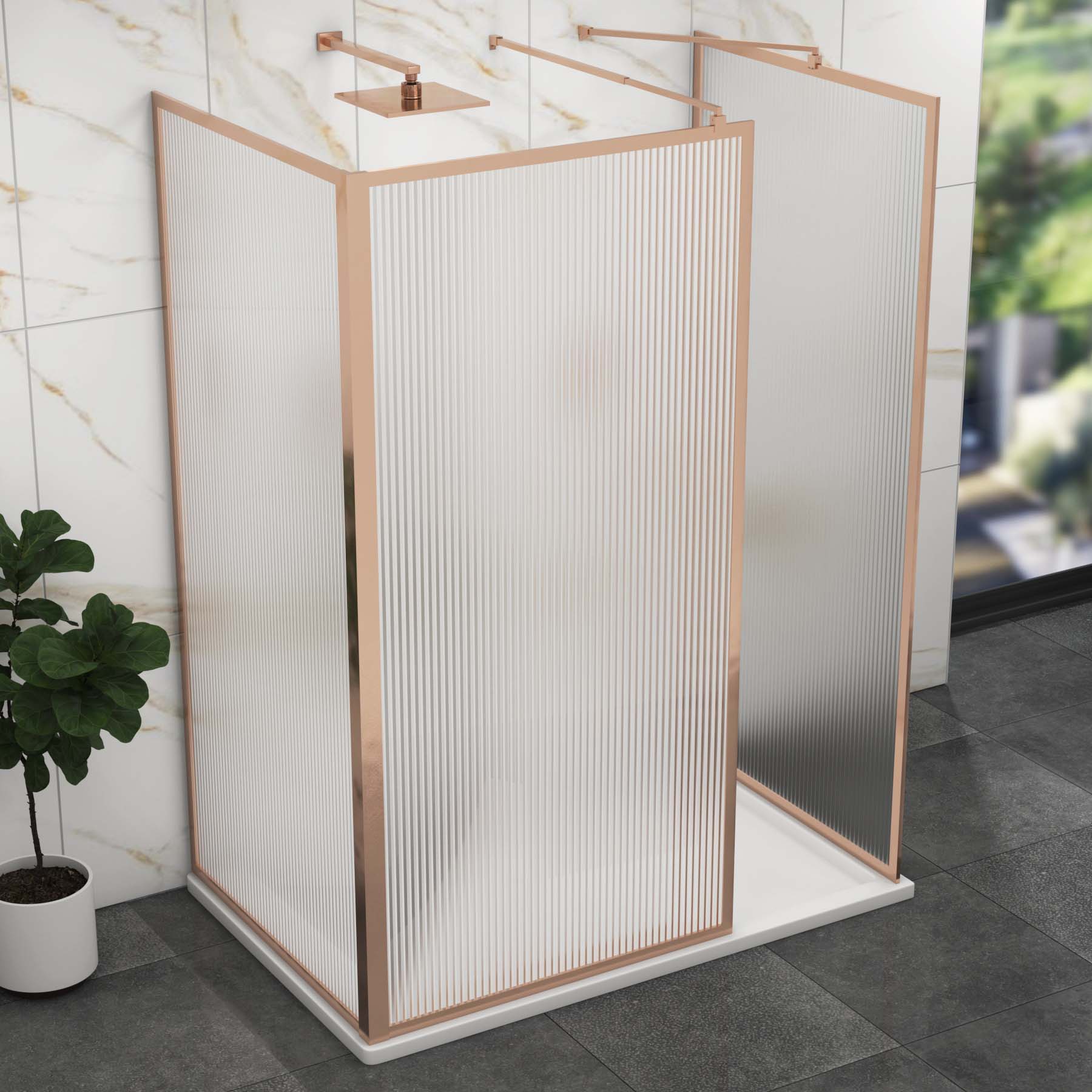 Luxor 3 Sided Walk In Fluted Shower Enclosure with Stone Tray & Brushed Bronze Frame 8mm Easy Clean Glass