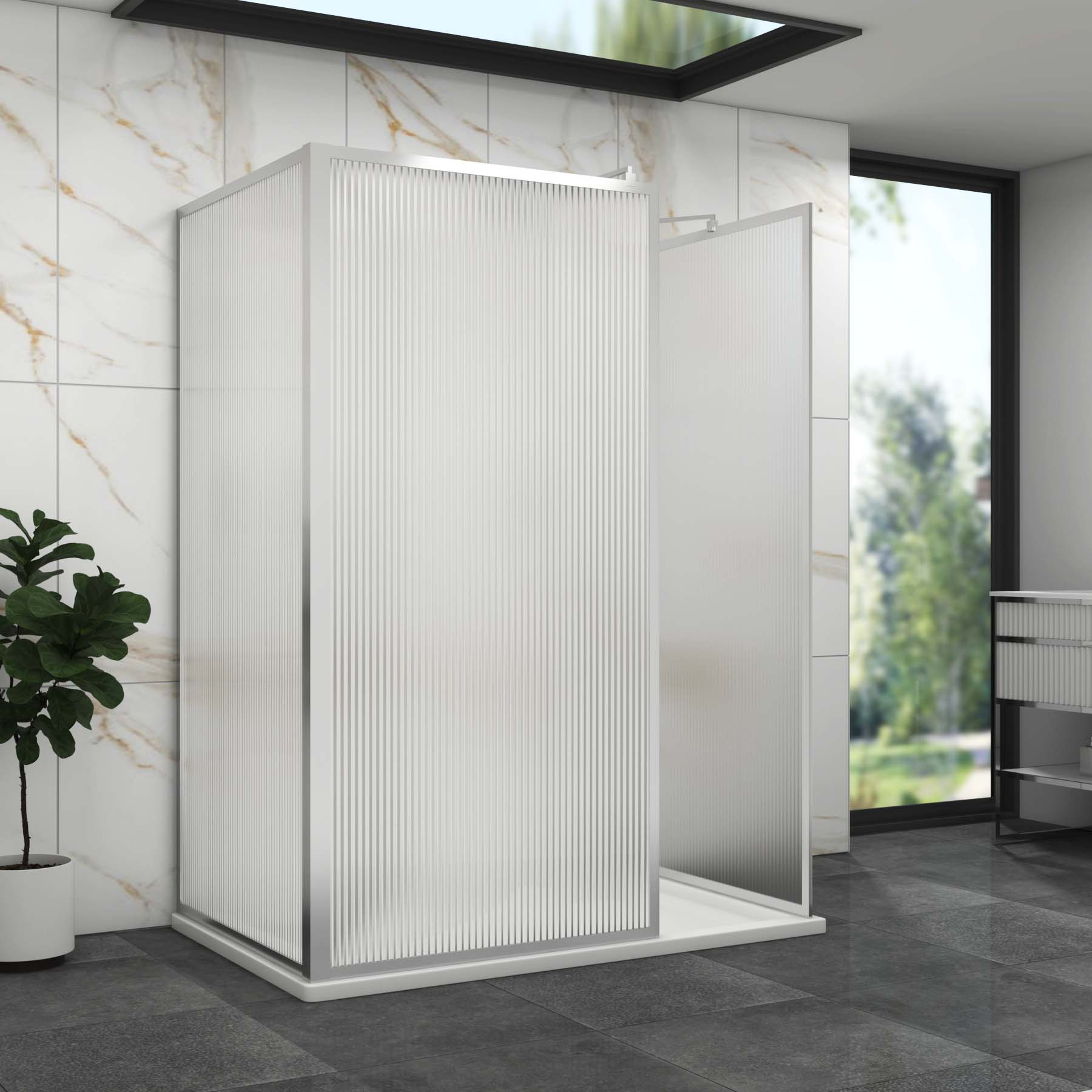 Luxor 3 Sided Walk In Fluted Shower Enclosure with 1200 x 900mm Tray & Chrome Frame 8mm Easy Clean Glass