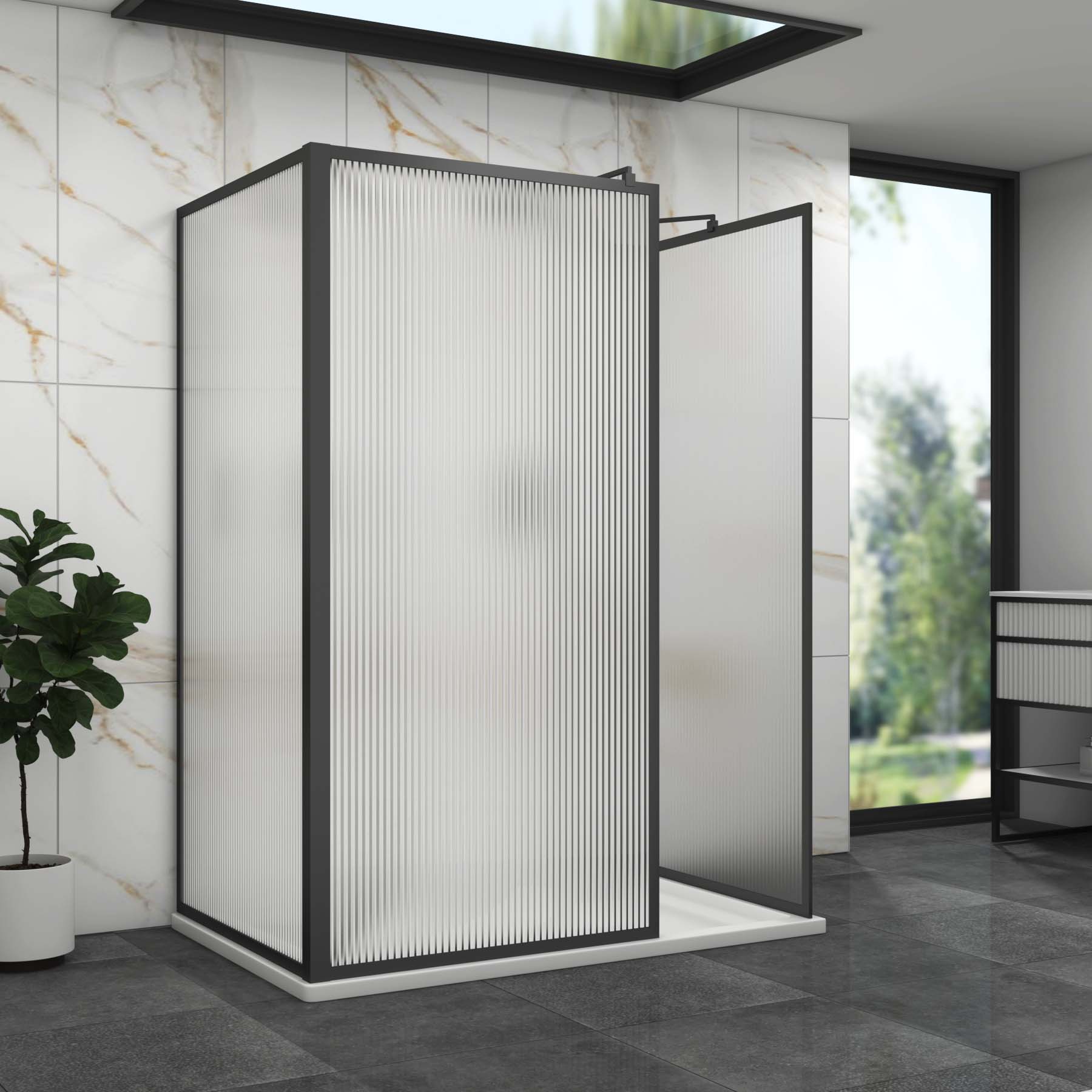 Luxor 3 Sided Walk In Fluted Shower Enclosure with Stone Tray & Matt Black Frame 8mm Easy Clean Glass