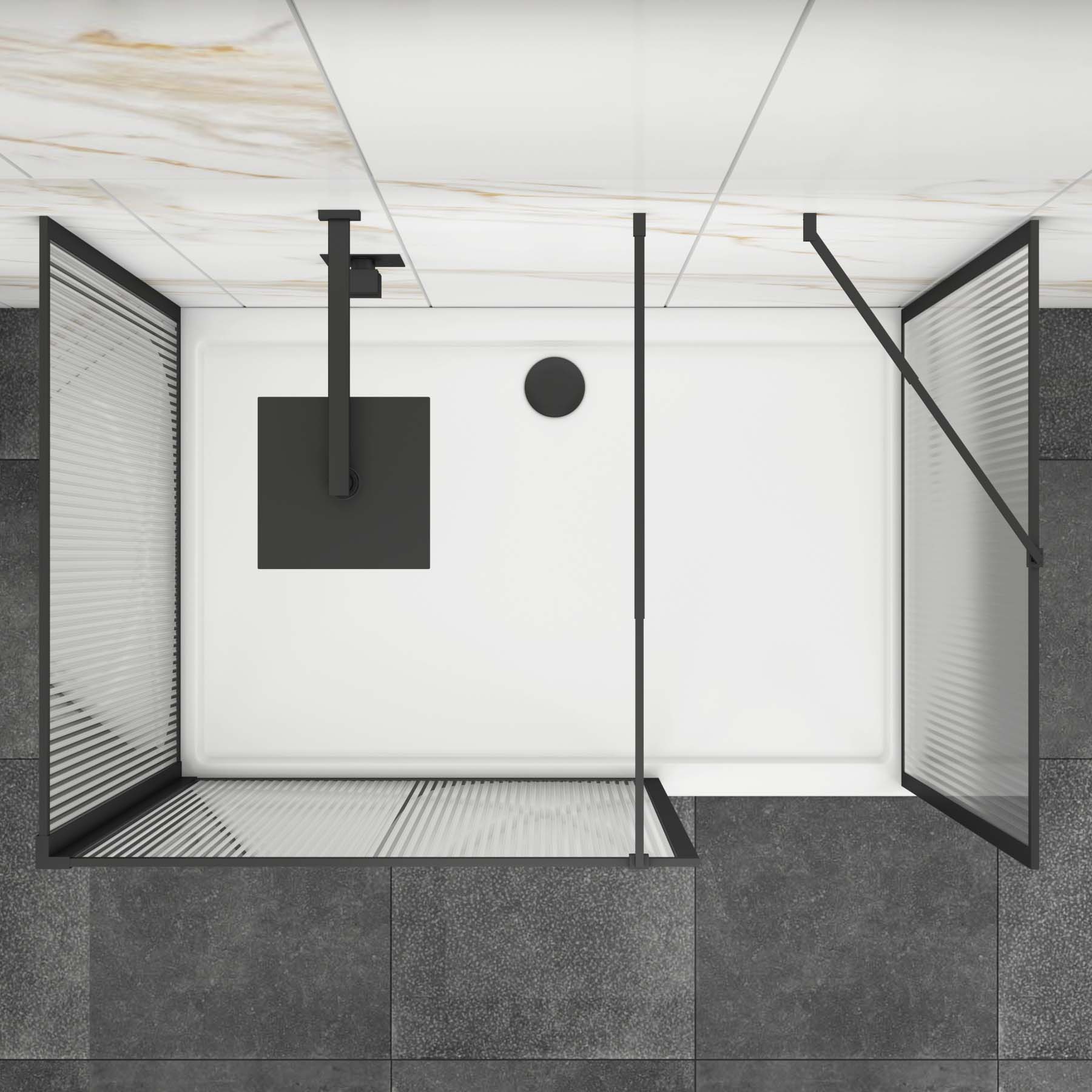 Luxor 3 Sided Walk In Fluted Shower Enclosure with Stone Tray & Matt Black Frame 8mm Easy Clean Glass