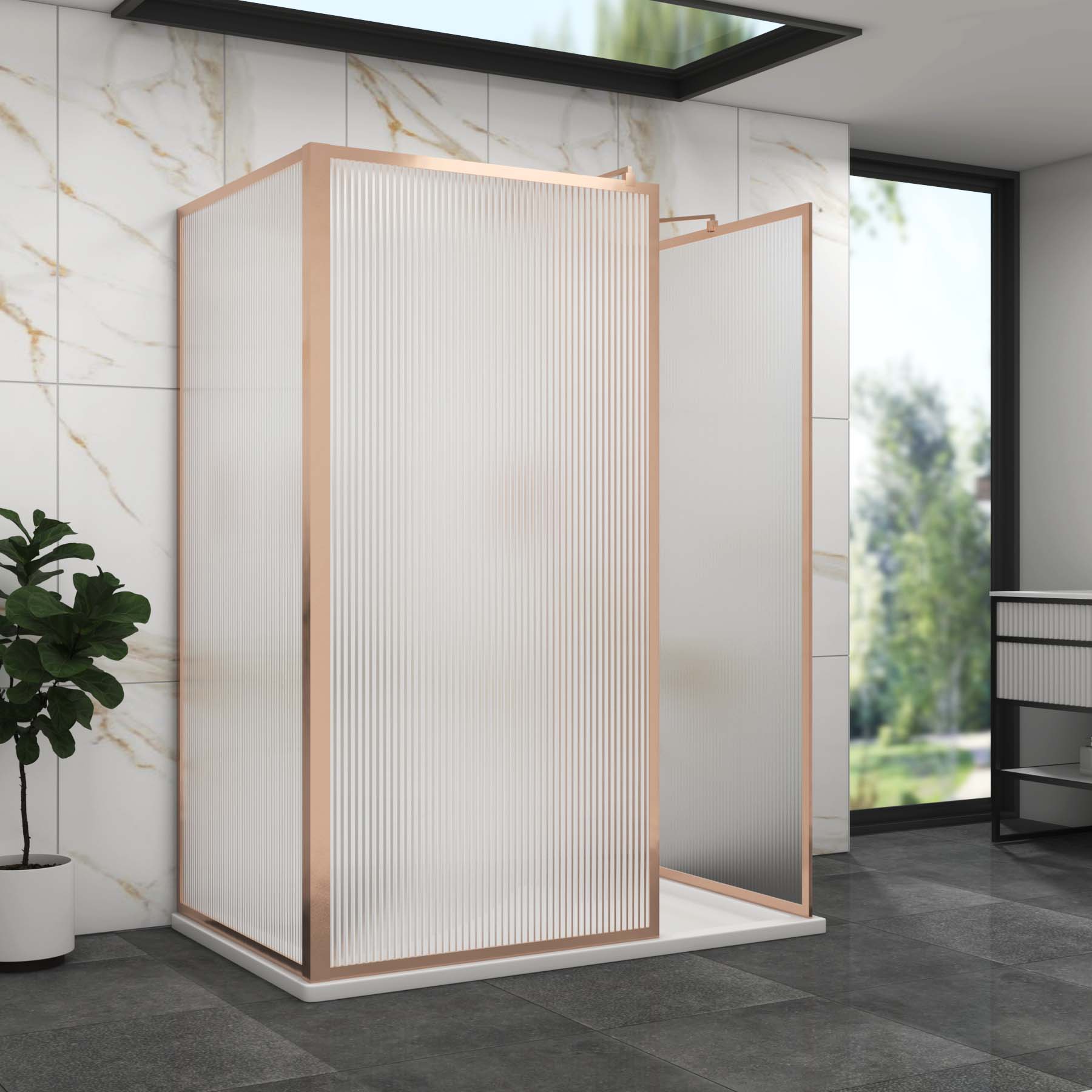 Luxor 3 Sided Walk In Fluted Shower Enclosure with 1700 x 900mm Tray & Brushed Bronze Frame 8mm Easy Clean Glass