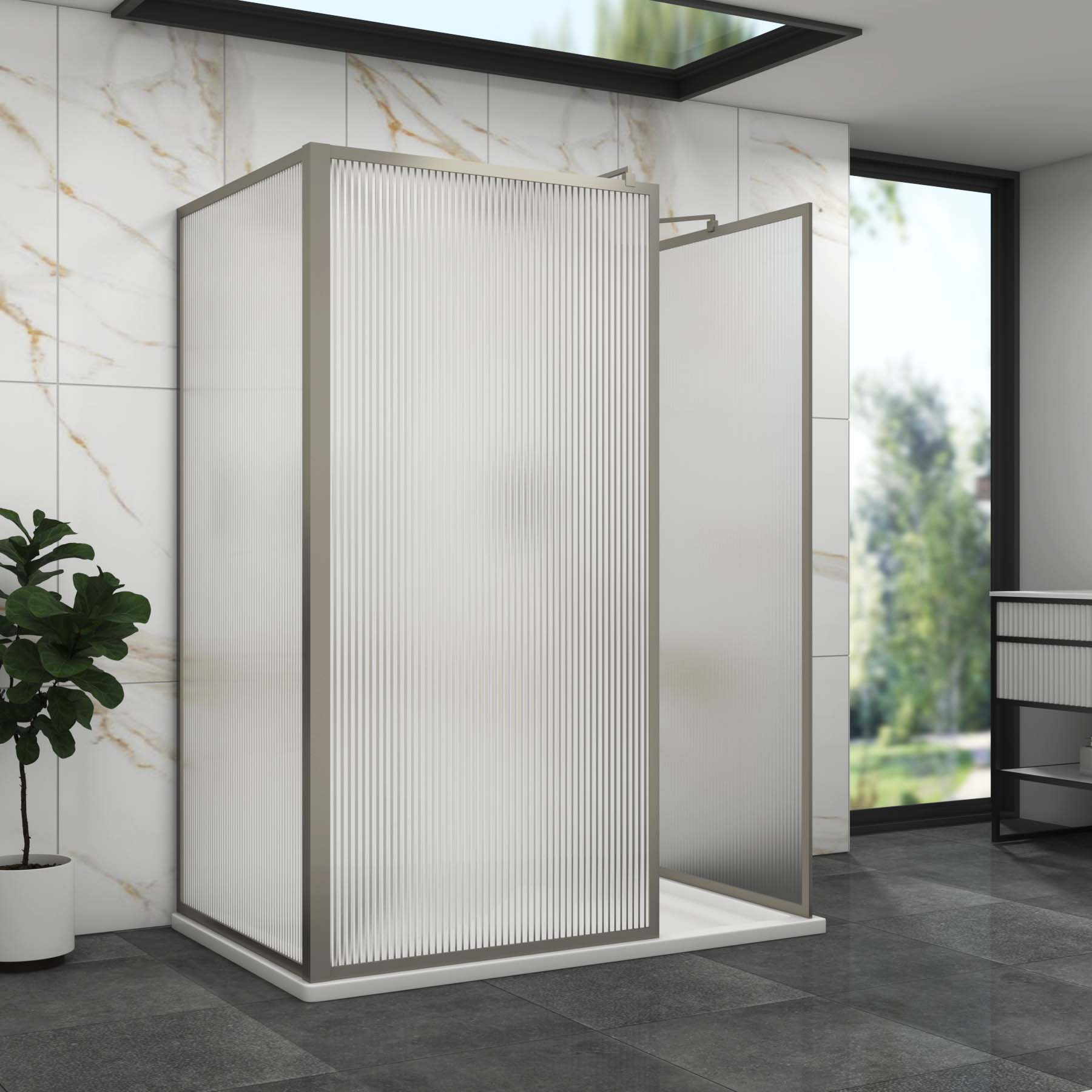Luxor 3 Sided Walk In Fluted Shower Enclosure with 1400 x 900mm Tray & Gun Metal Grey Frame 8mm Easy Clean Glass