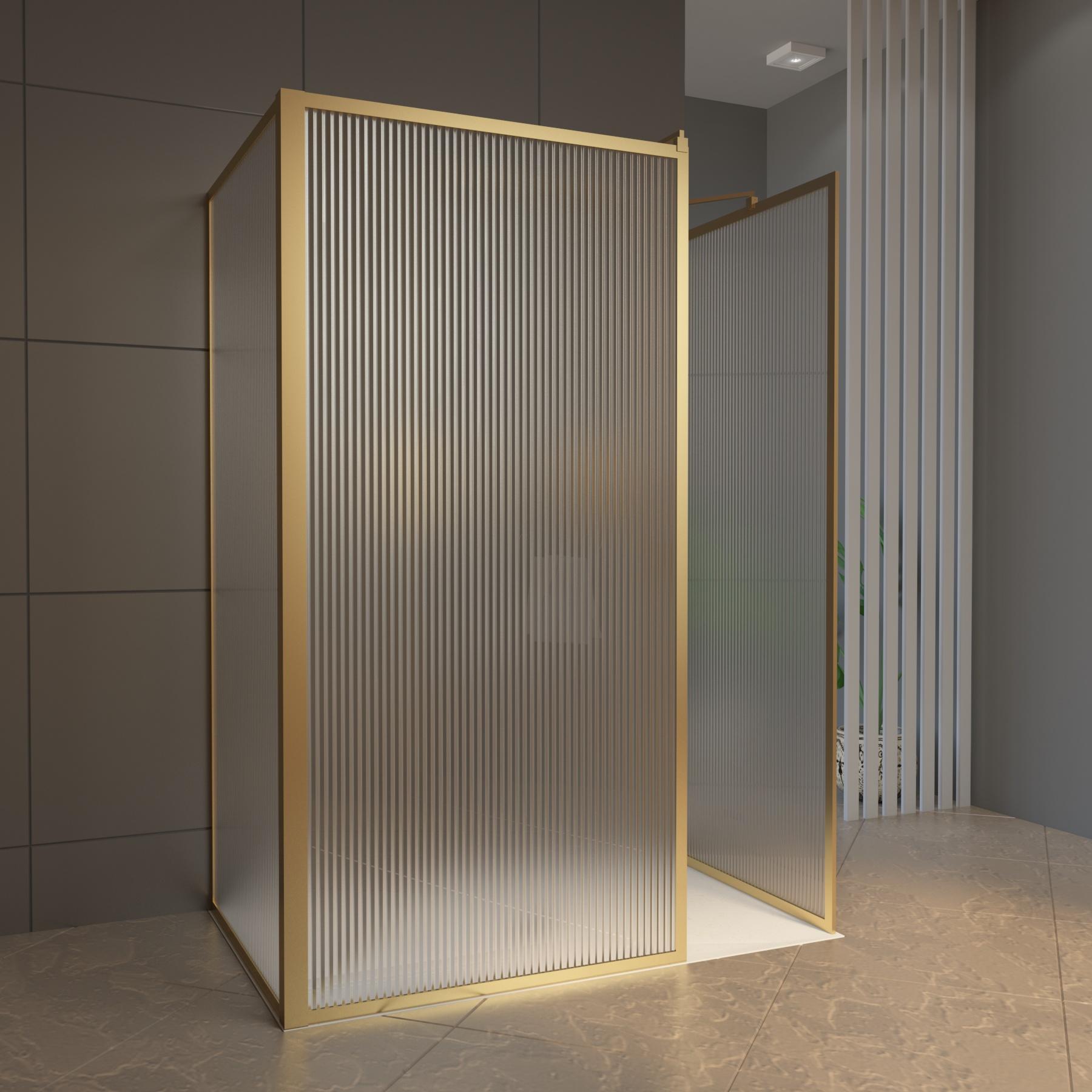 Luxor 3 Sided 1200 x 700mm Walk In Fluted Shower Enclosure with Tray & Brushed Brass Frame - 8mm Easy Clean Glass