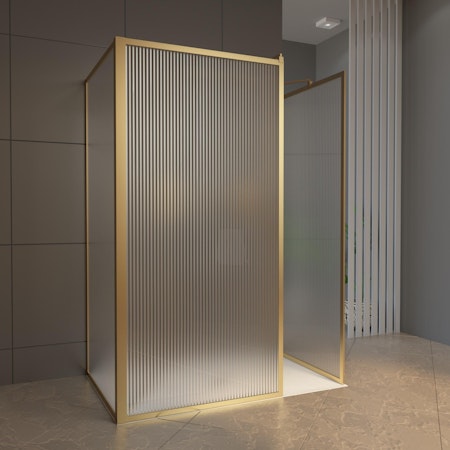 Luxor 3 Sided Walk In Fluted Shower Enclosure with Tray & Brushed Brass Frame - 8mm Easy Clean Glass