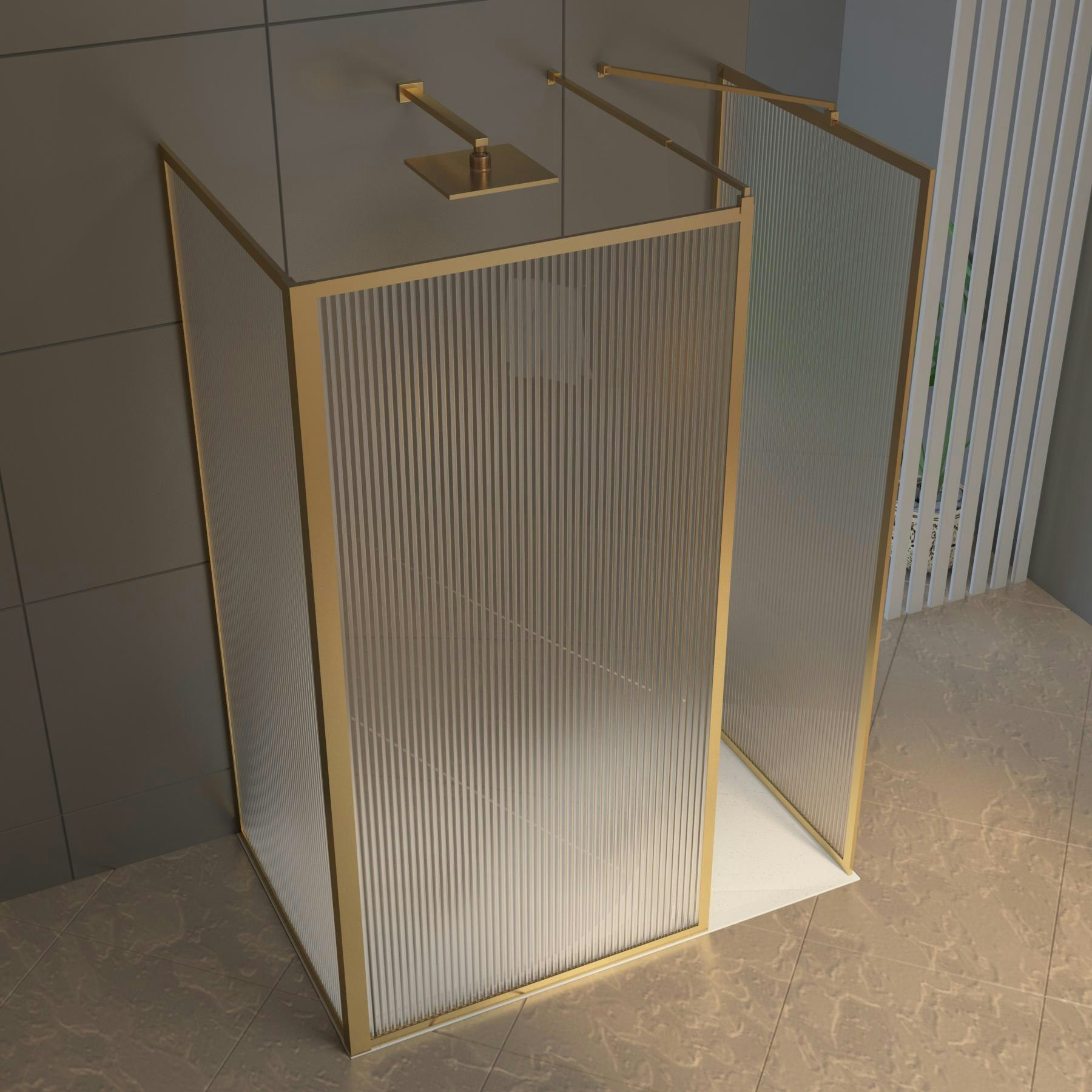 Luxor 3 Sided Walk In Fluted Shower Enclosure with Tray & Brushed Brass ...