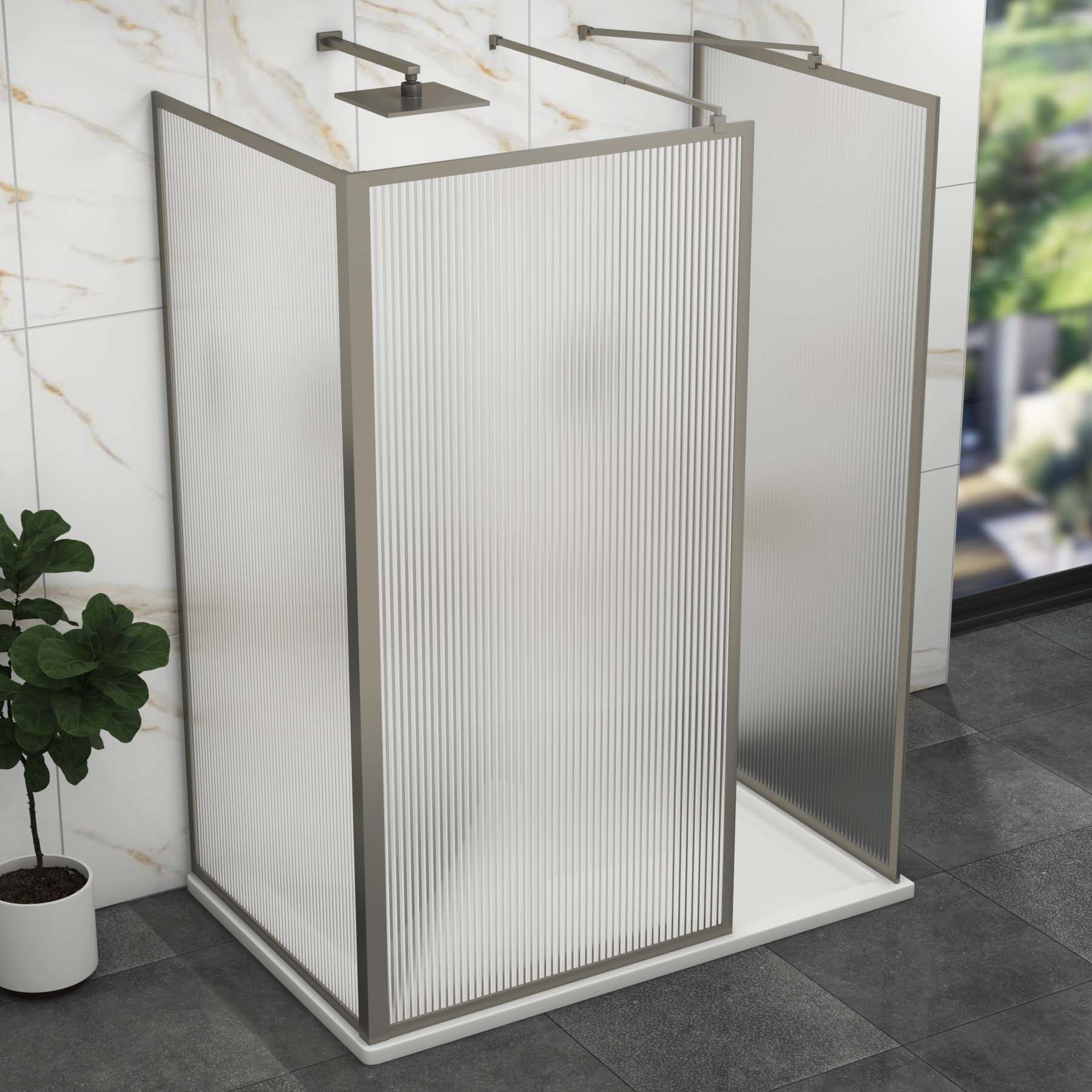 Luxor 3 Sided Walk In Fluted Shower Enclosure with 1200 x 900mm Tray & Gun Metal Grey Frame 8mm Easy Clean Glass