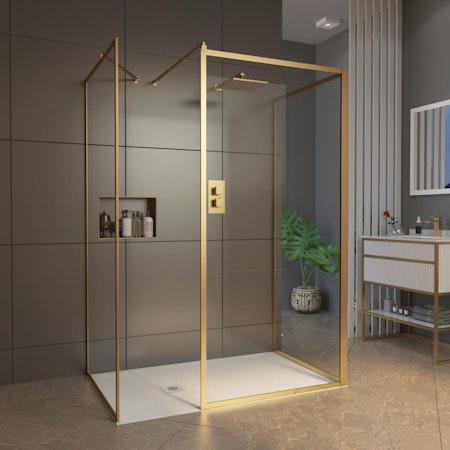 Luxor 3 Sided Walk In Shower Enclosure with Tray & Brass Frame - 8mm Easy Clean Glass