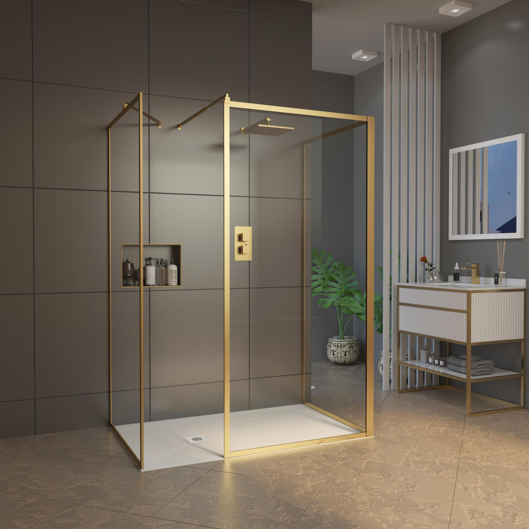 Luxor 3 Sided 1200 x 900mm Walk In Shower Enclosure with Tray & Brushed Brass Frame - 8mm Easy Clean Glass