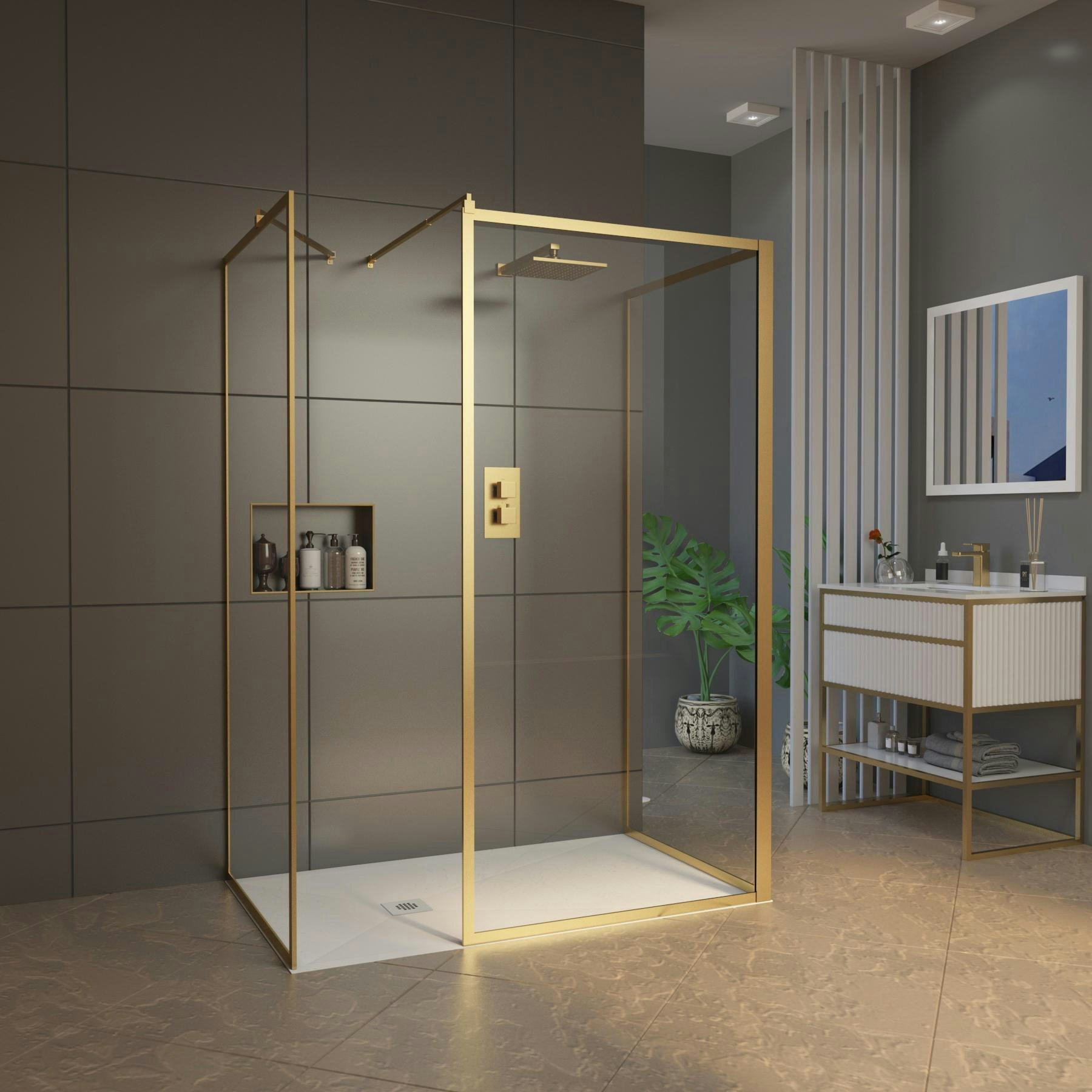 Luxor 3 Sided Walk In Shower Enclosure with Tray & Brushed Brass Frame - 8mm Easy Clean Glass