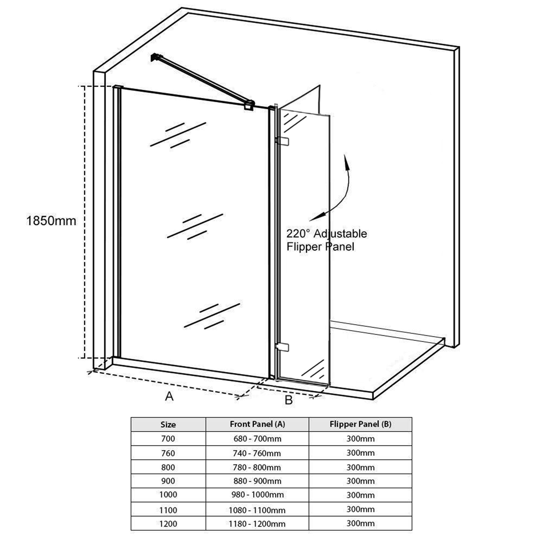 Milan Wet Room Shower Screen Matt Black Grid with Flipper Panel 8mm