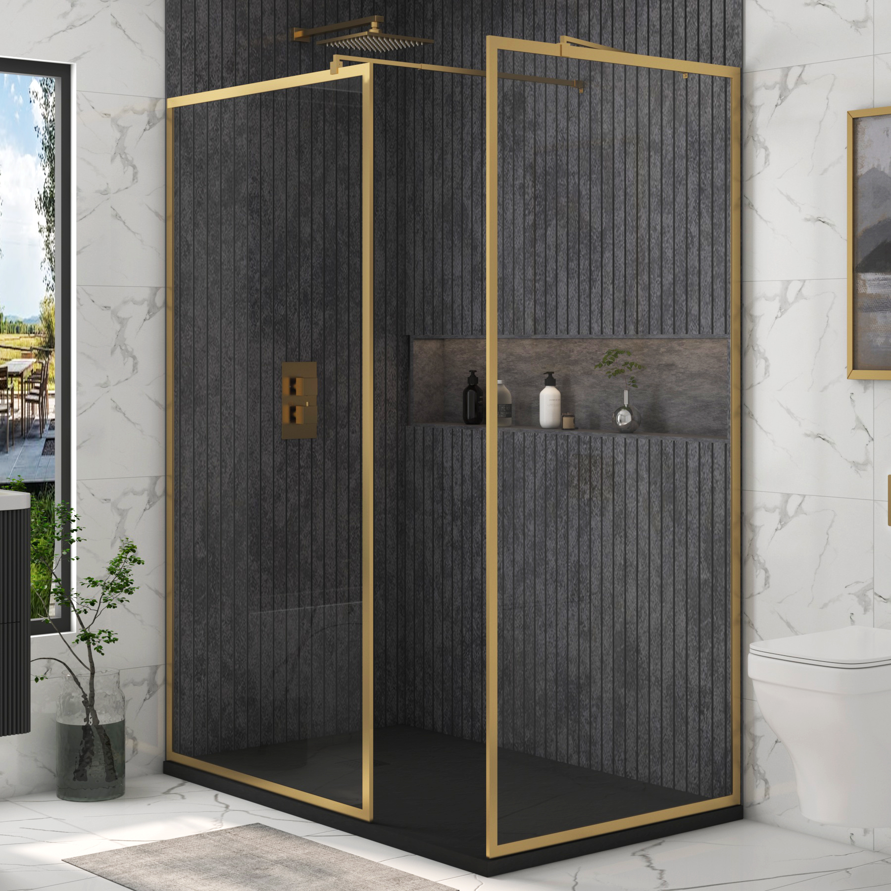 Luxor Walk In Shower Enclosure with Black Stone Tray & Brushed Brass Frame 8mm Easy Clean Glass