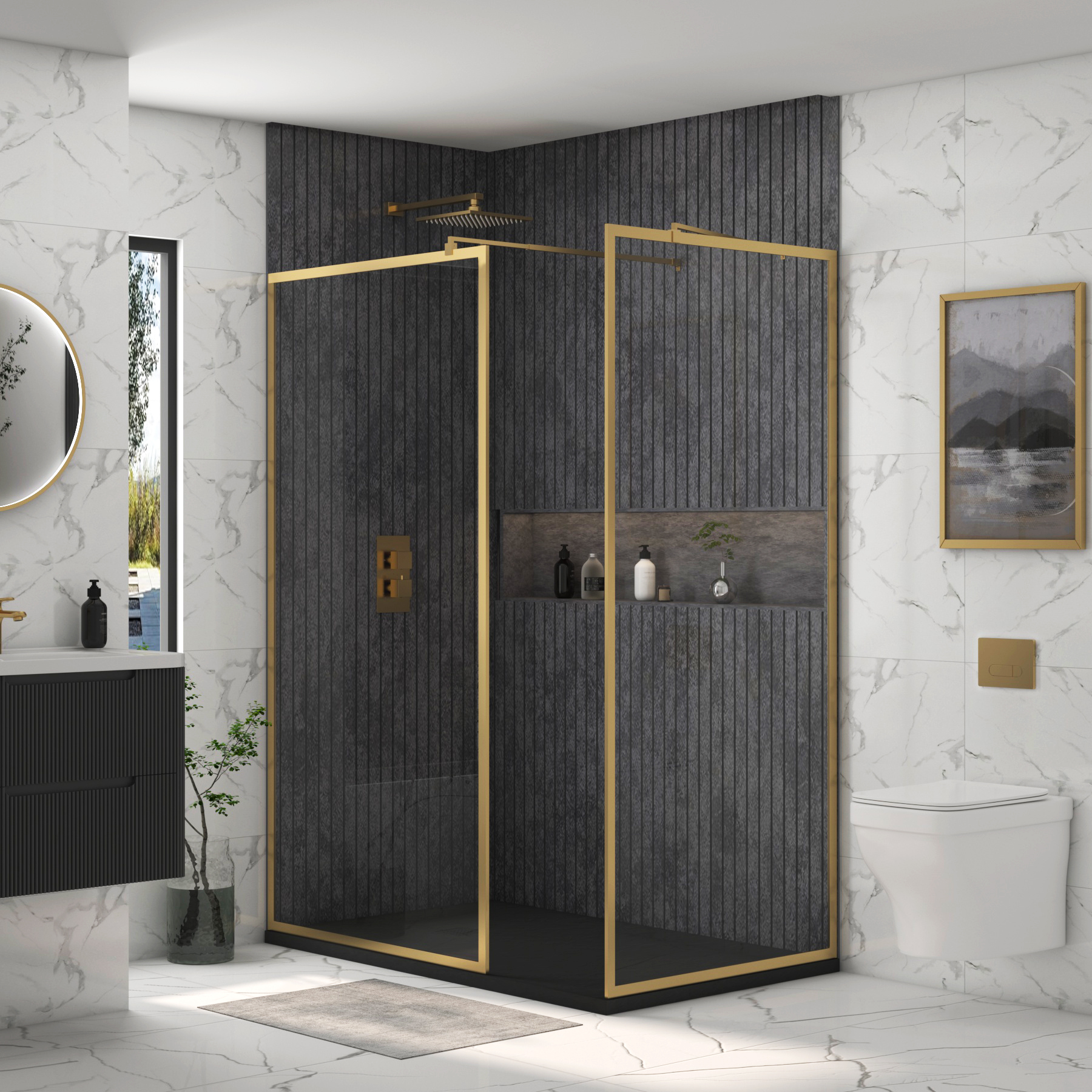 Luxor Walk In Shower Enclosure with Black Stone Tray & Brushed Brass Frame 8mm Easy Clean Glass
