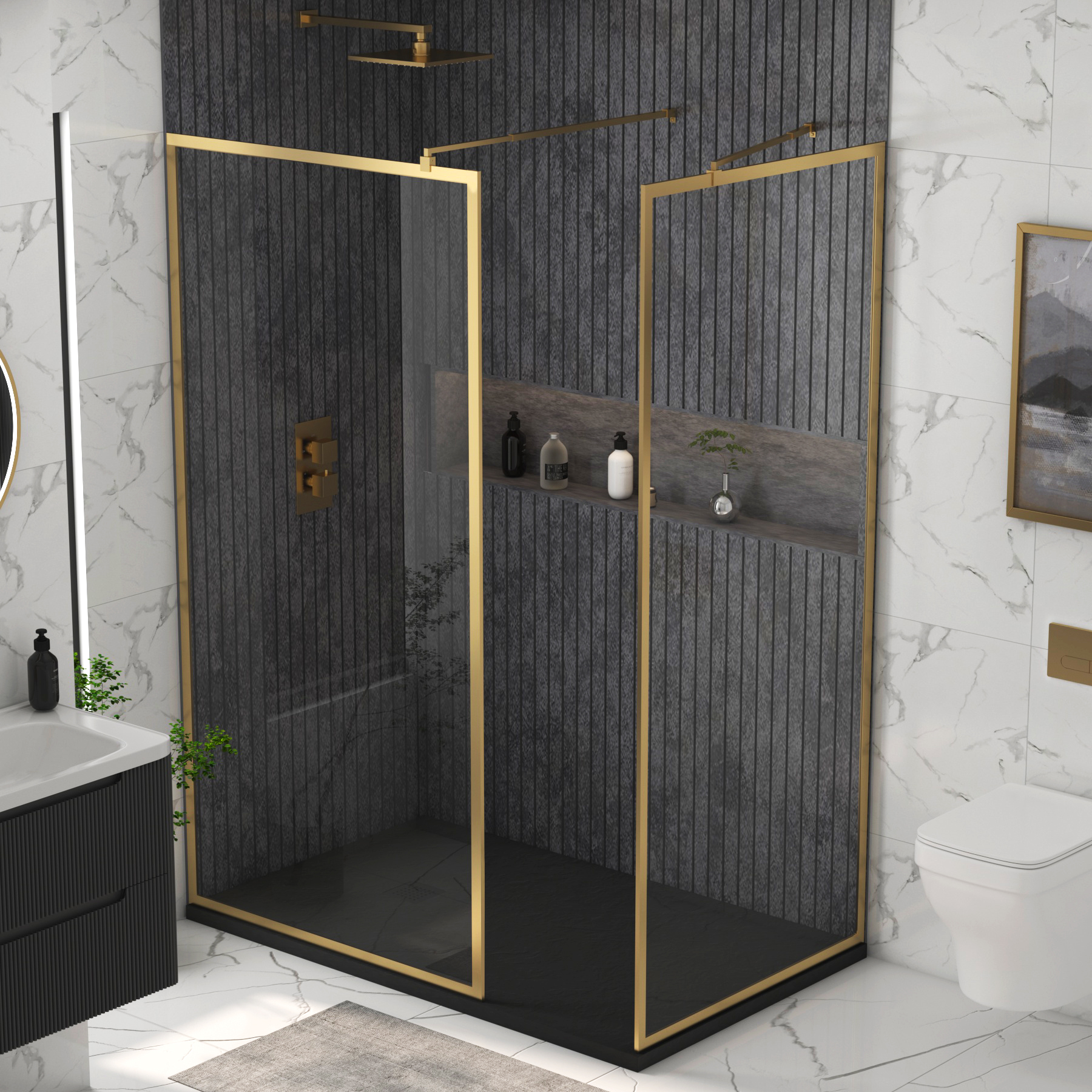 Luxor Walk In Shower Enclosure with Black Stone Tray & Brushed Brass Frame 8mm Easy Clean Glass